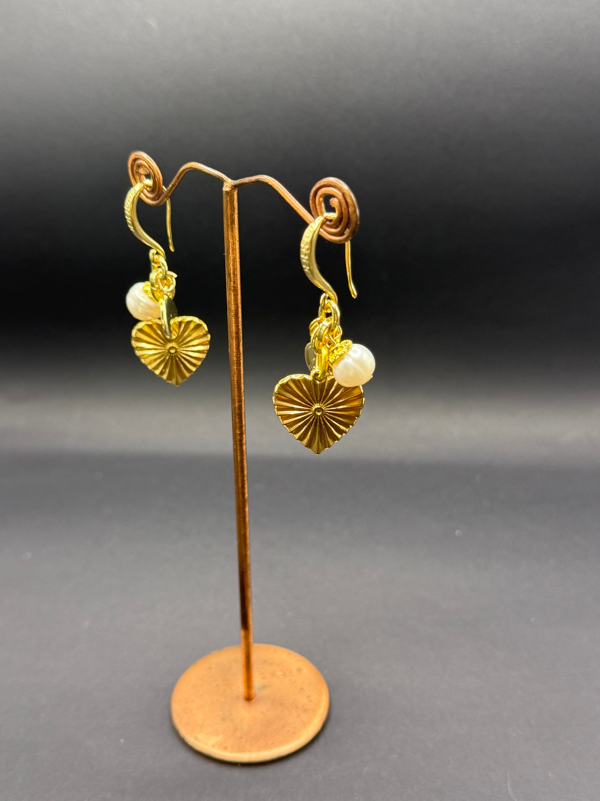 Freshwater Pearl & Gold Sunburst Heart Charm Earrings – Handmade in Bristol