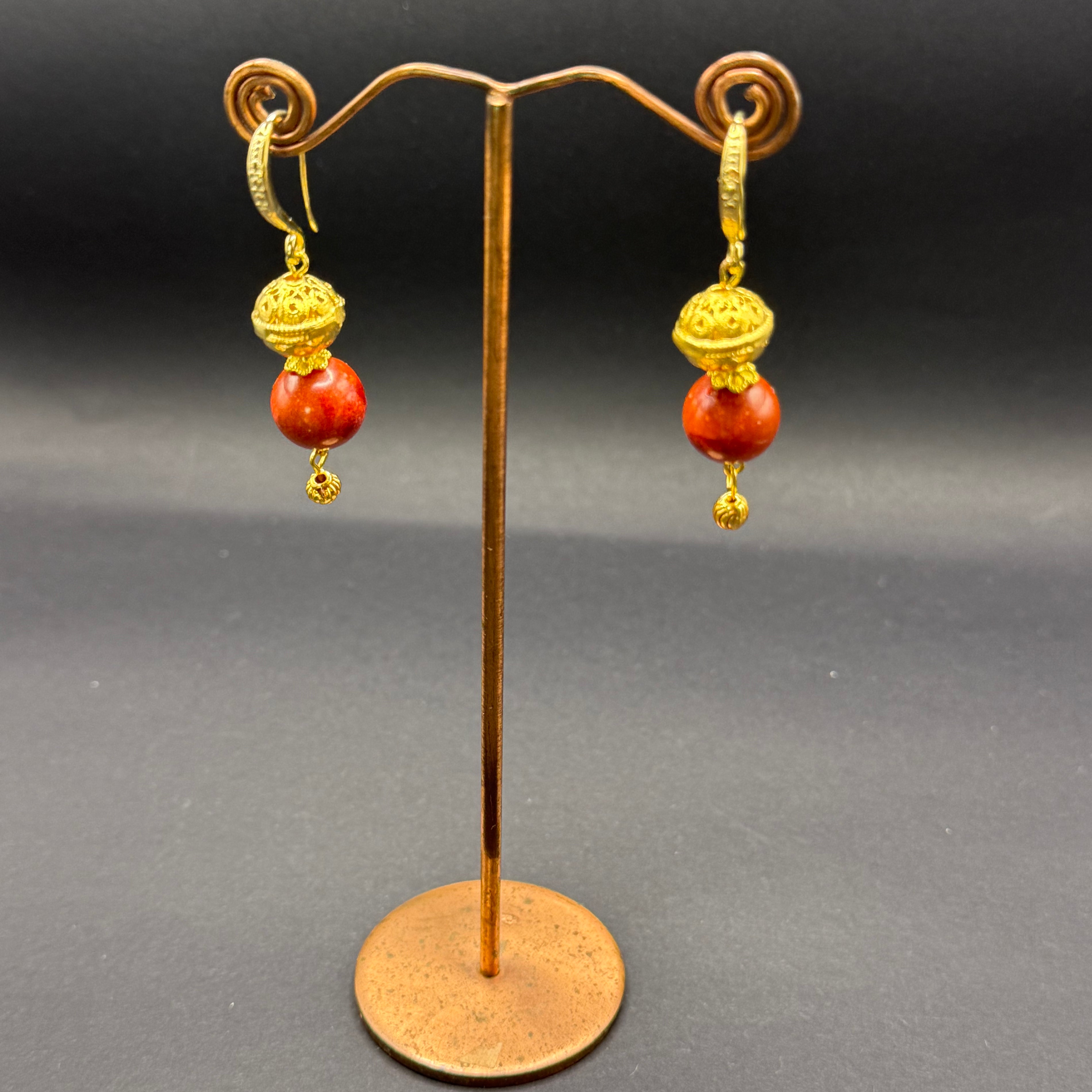 Sponge Coral & Gold Bead Drop Earrings – Handmade in Bristol