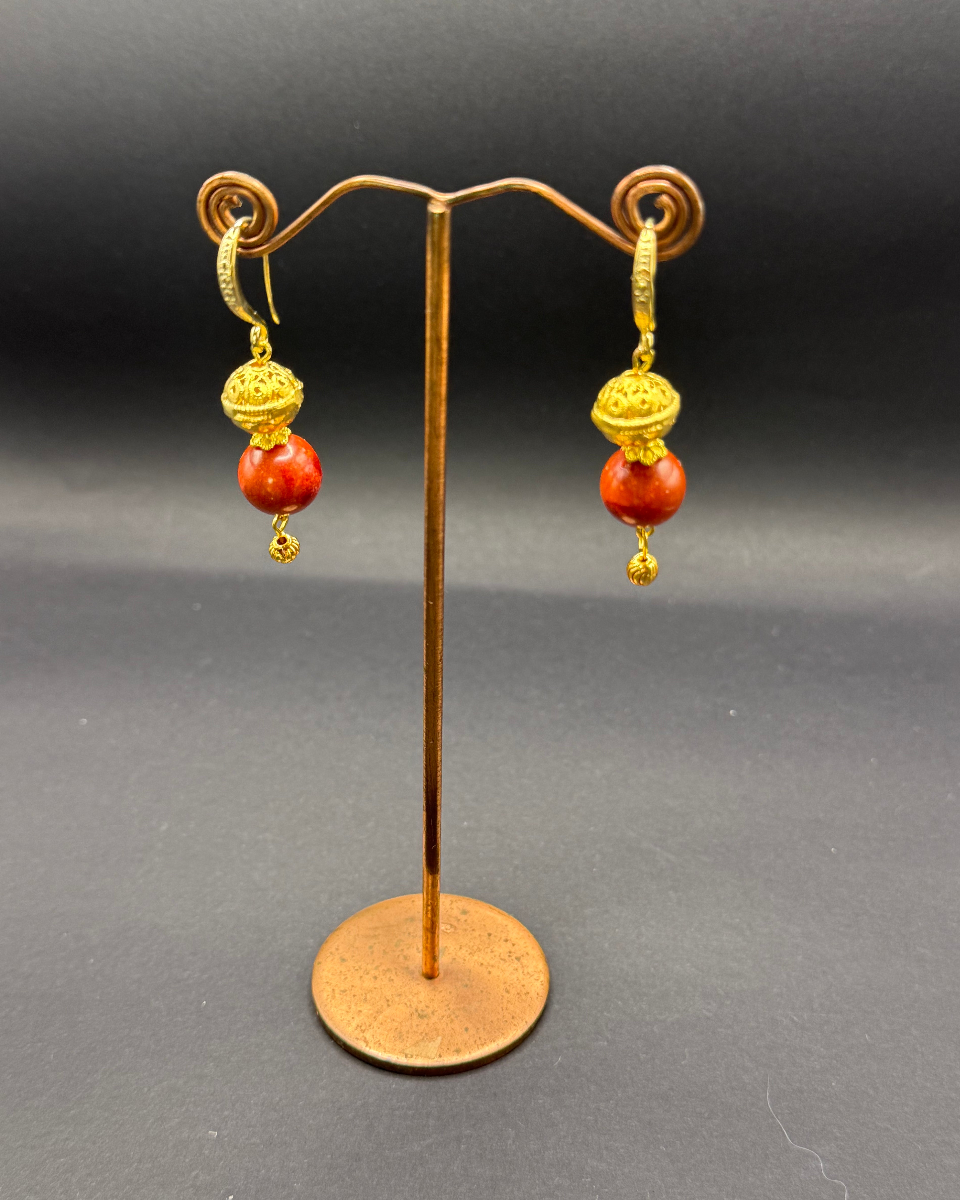 Sponge Coral & Gold Bead Drop Earrings – Handmade in Bristol