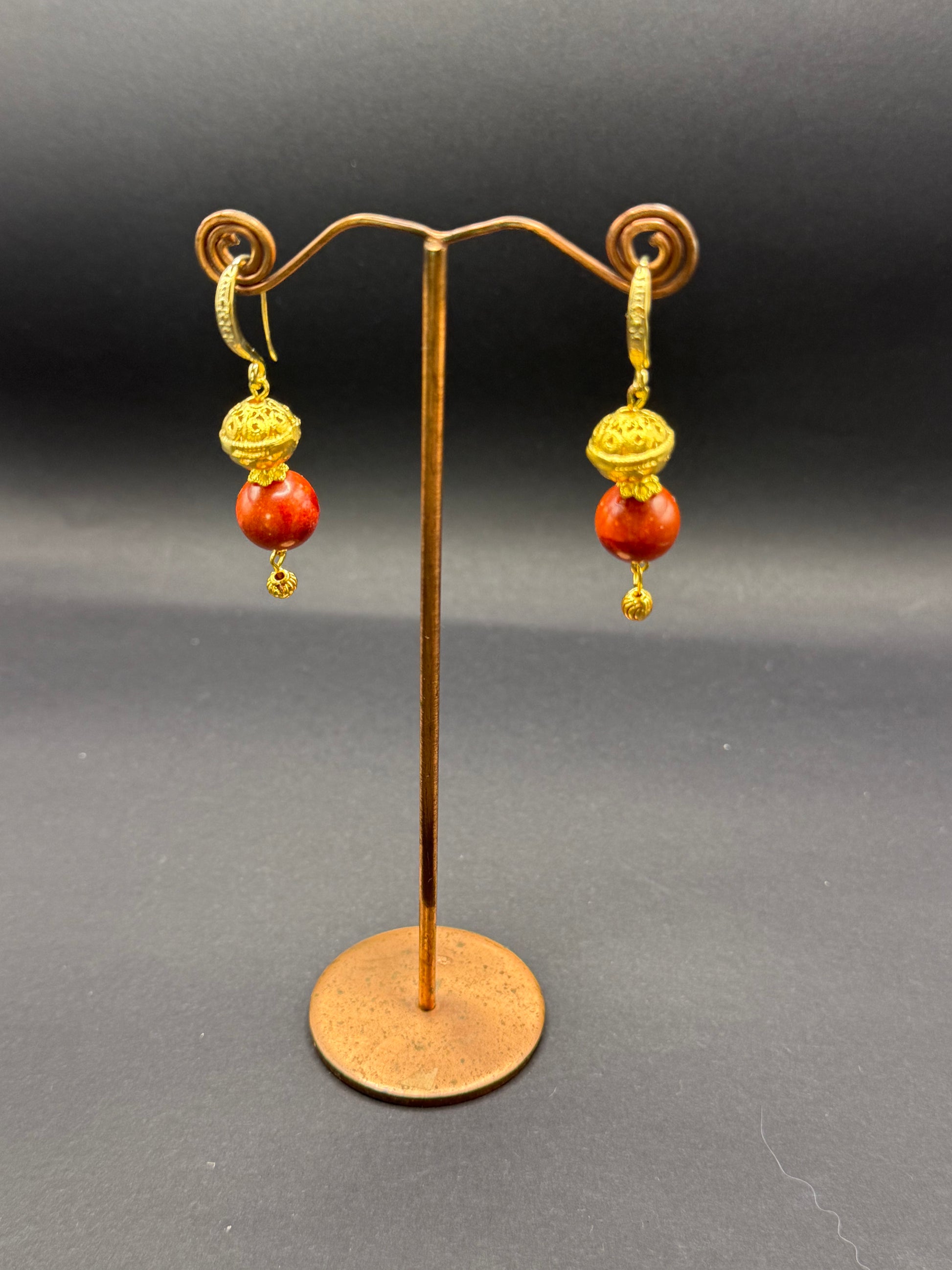 Sponge Coral & Gold Bead Drop Earrings – Handmade in Bristol