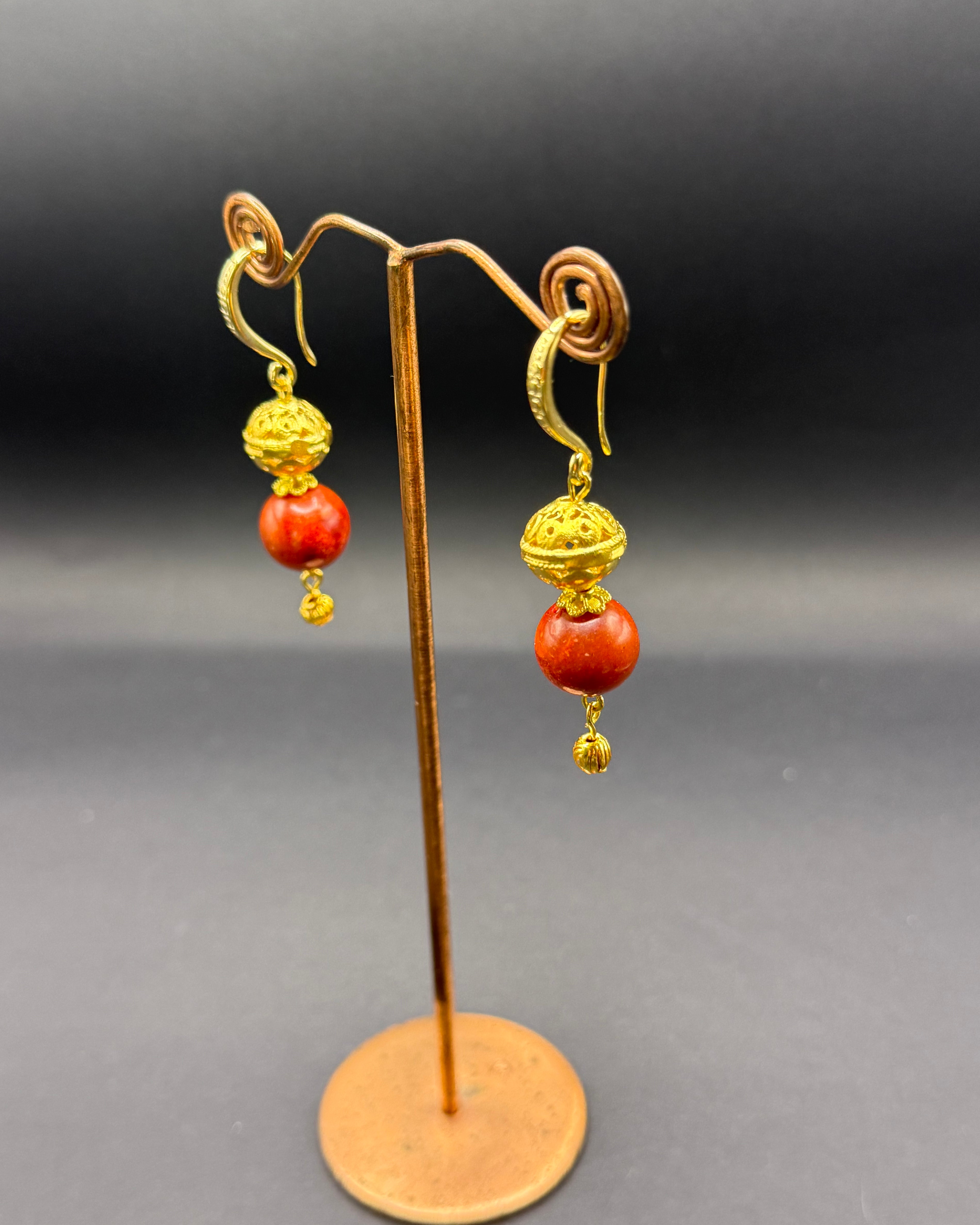 Sponge Coral & Gold Bead Drop Earrings – Handmade in Bristol