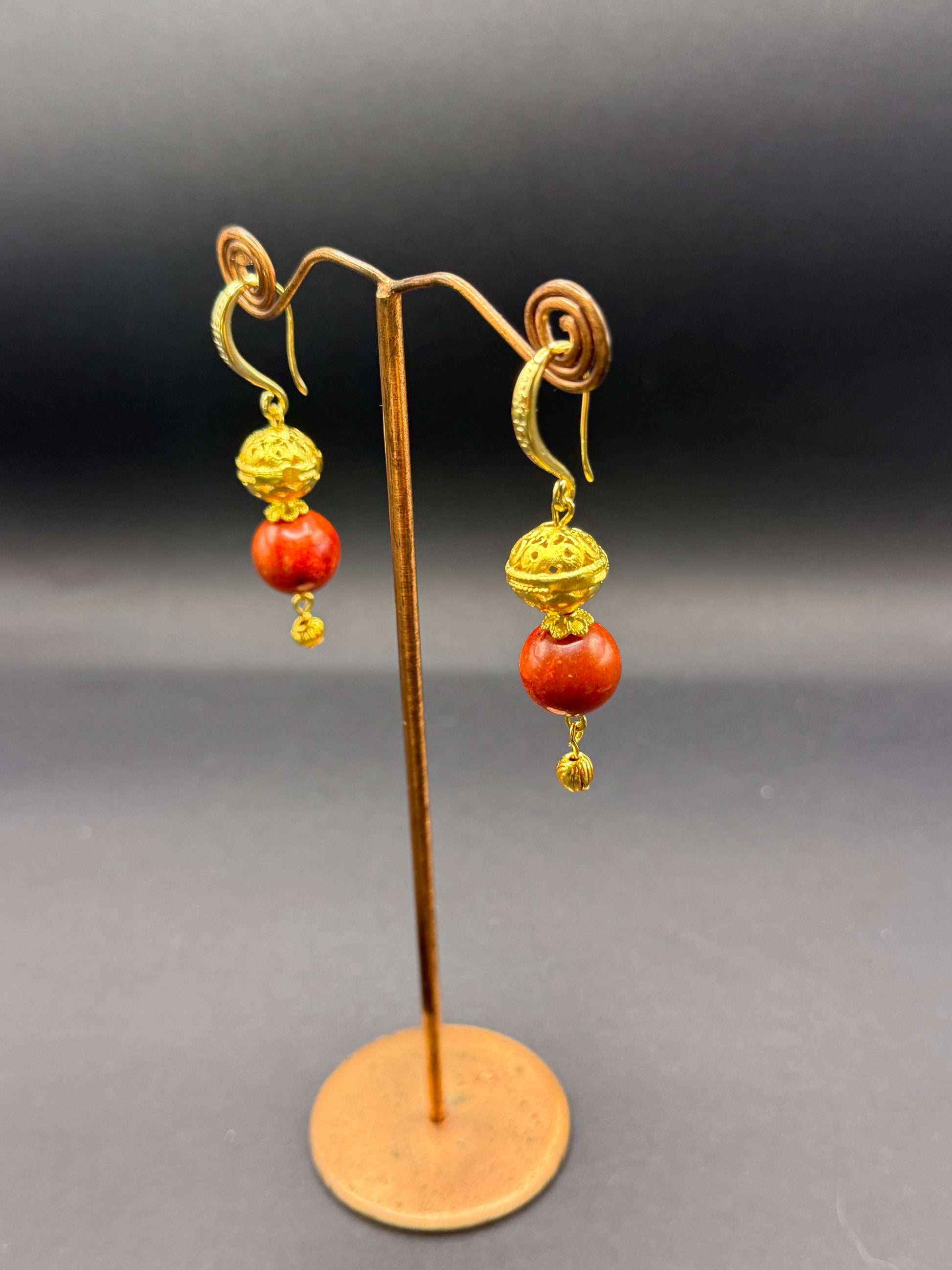 Sponge Coral & Gold Bead Drop Earrings – Handmade in Bristol