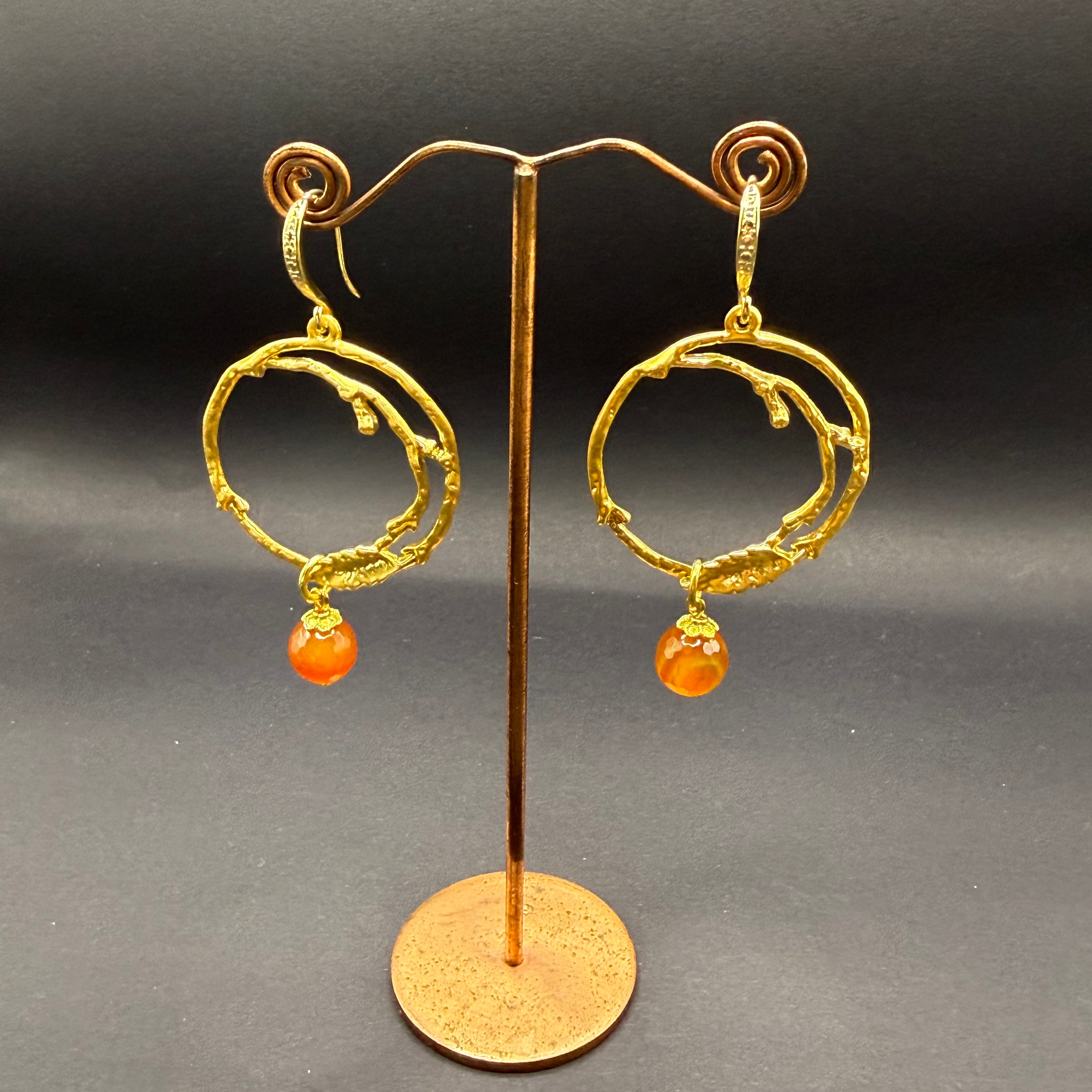 Irregular Gold Hoop & Carnelian Drop Earrings – Handmade in Bristol
