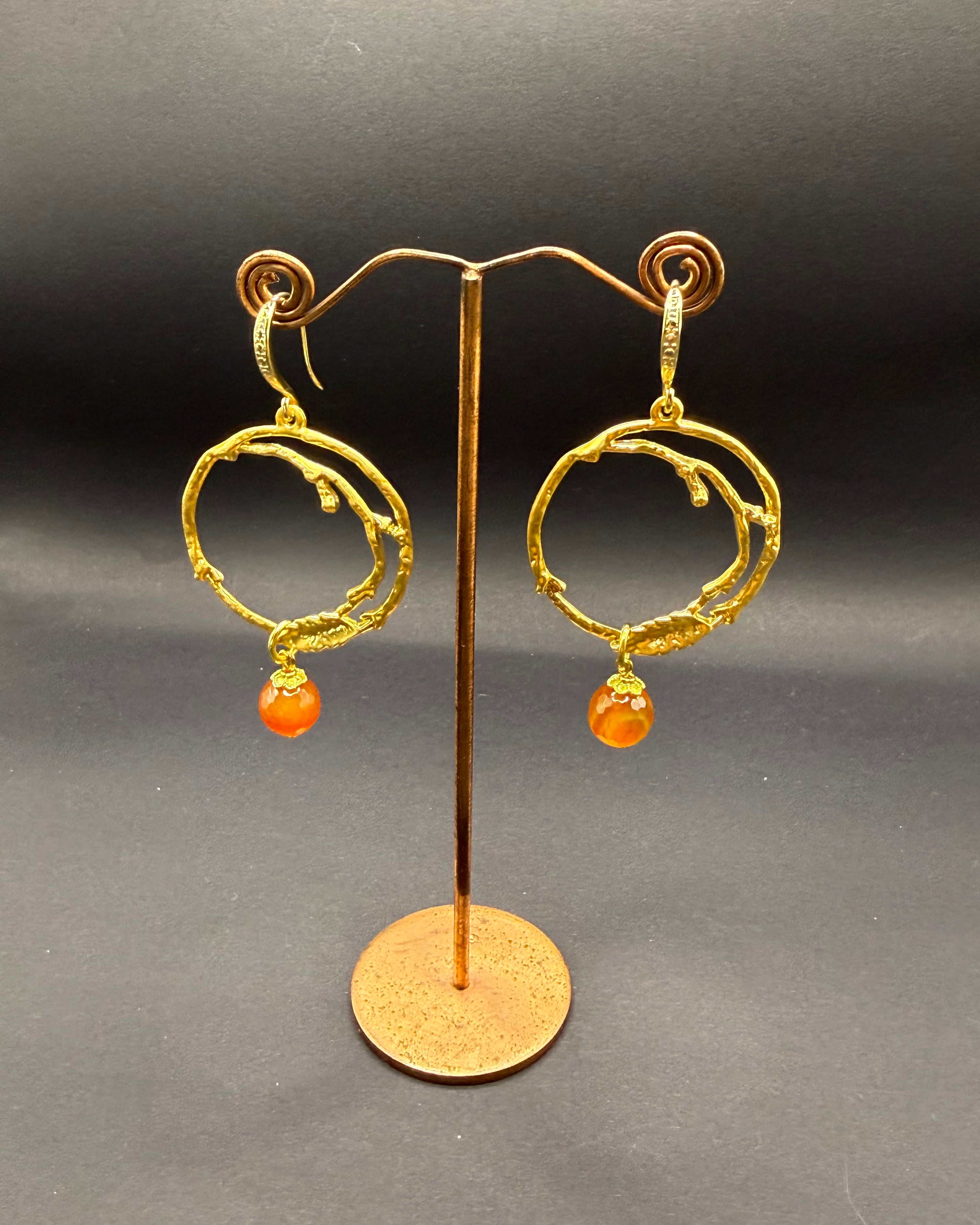 Irregular Gold Hoop & Carnelian Drop Earrings – Handmade in Bristol