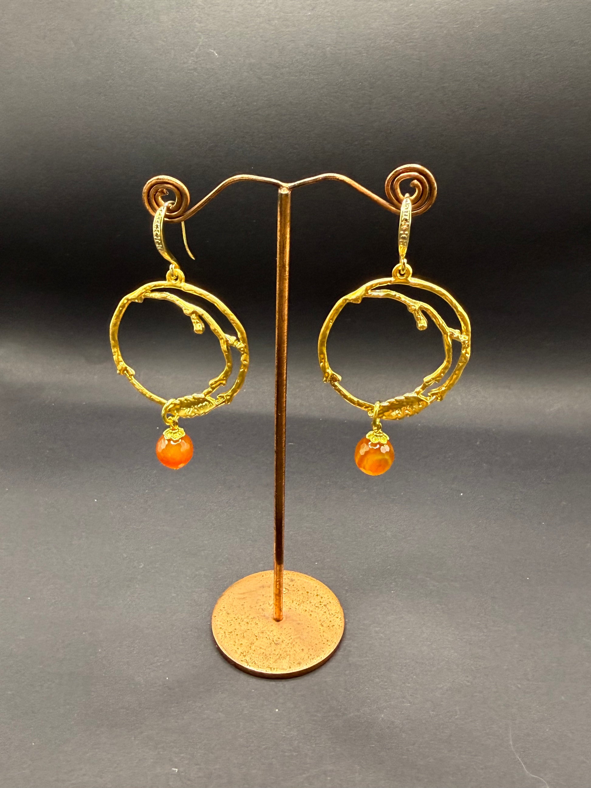 Irregular Gold Hoop & Carnelian Drop Earrings – Handmade in Bristol