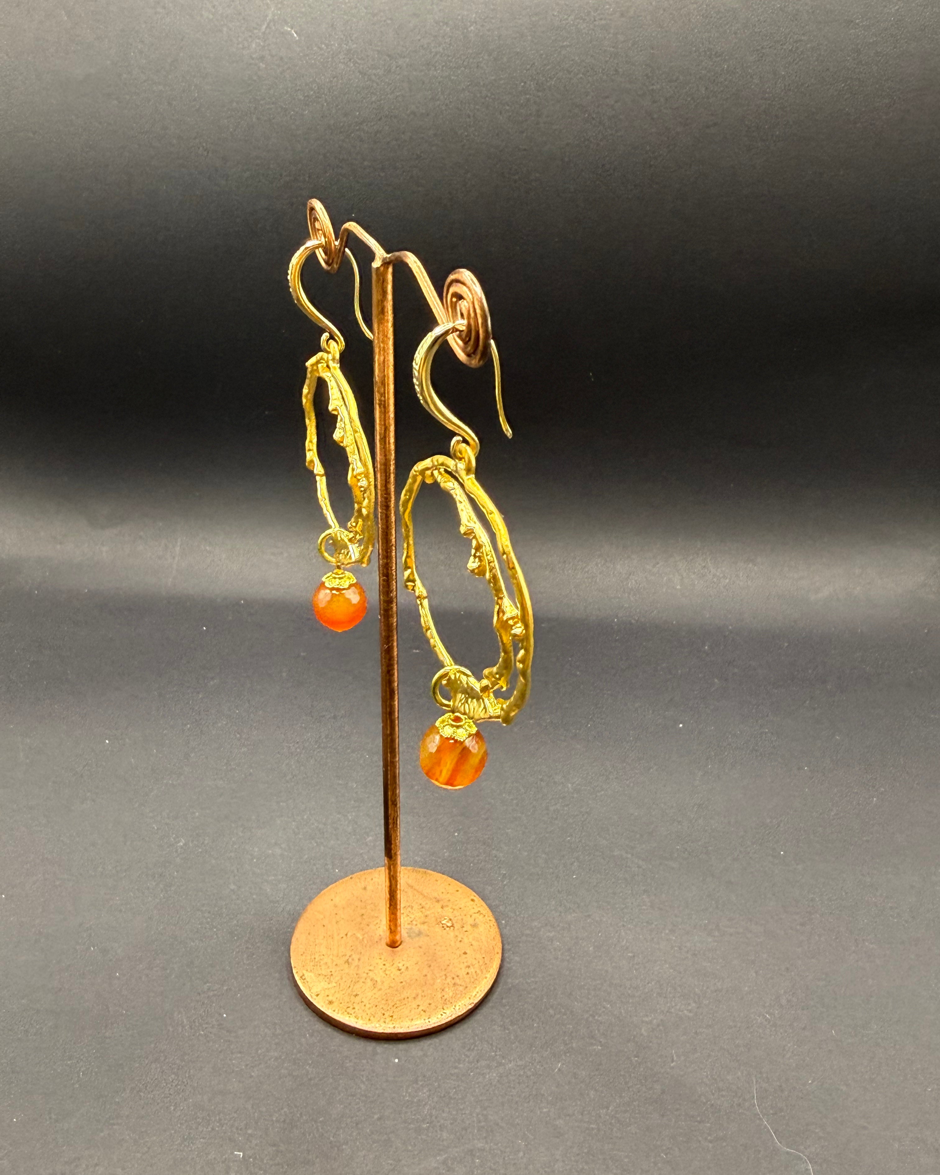 Irregular Gold Hoop & Carnelian Drop Earrings – Handmade in Bristol