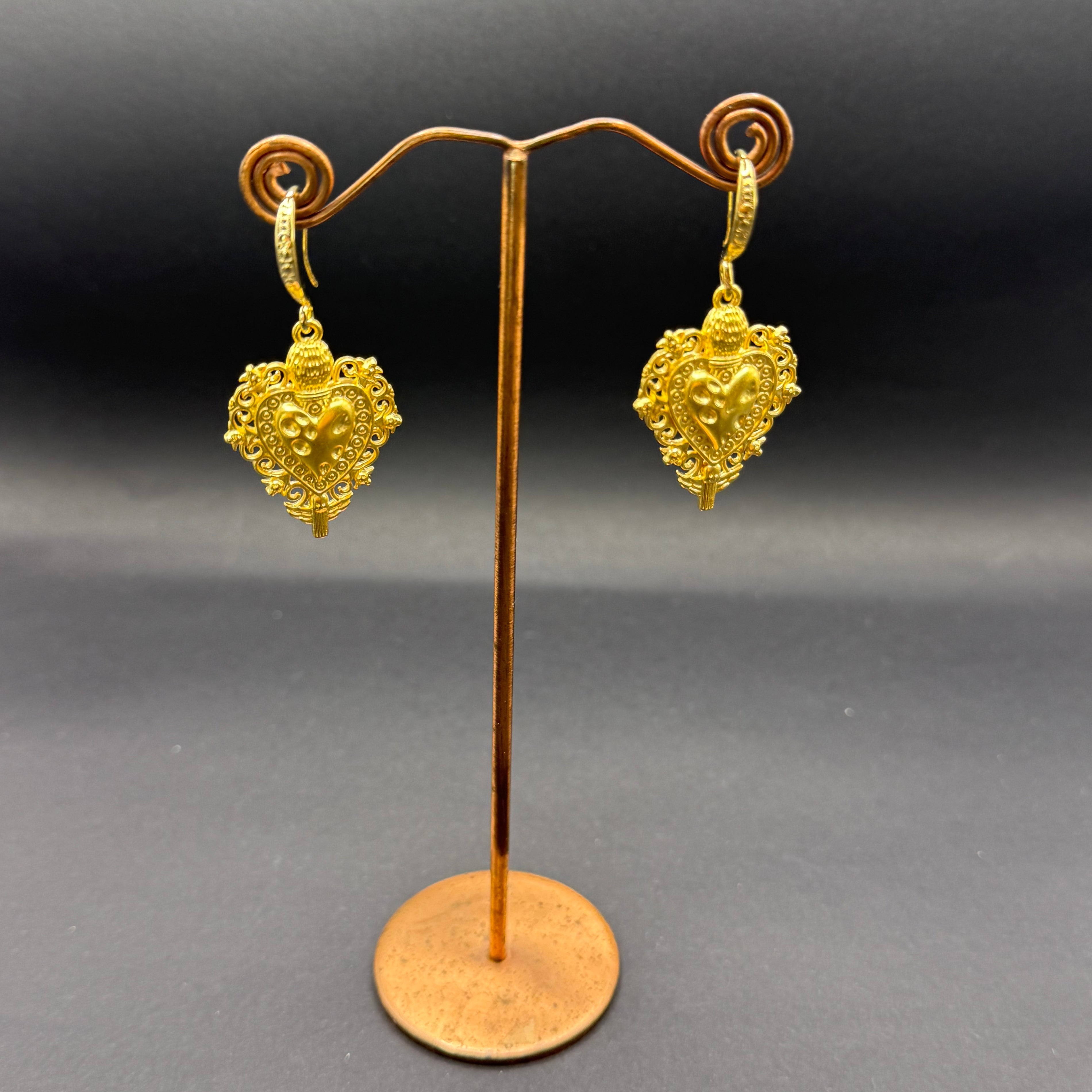 Gold Flaming Heart Drop Earrings – Handmade in Bristol