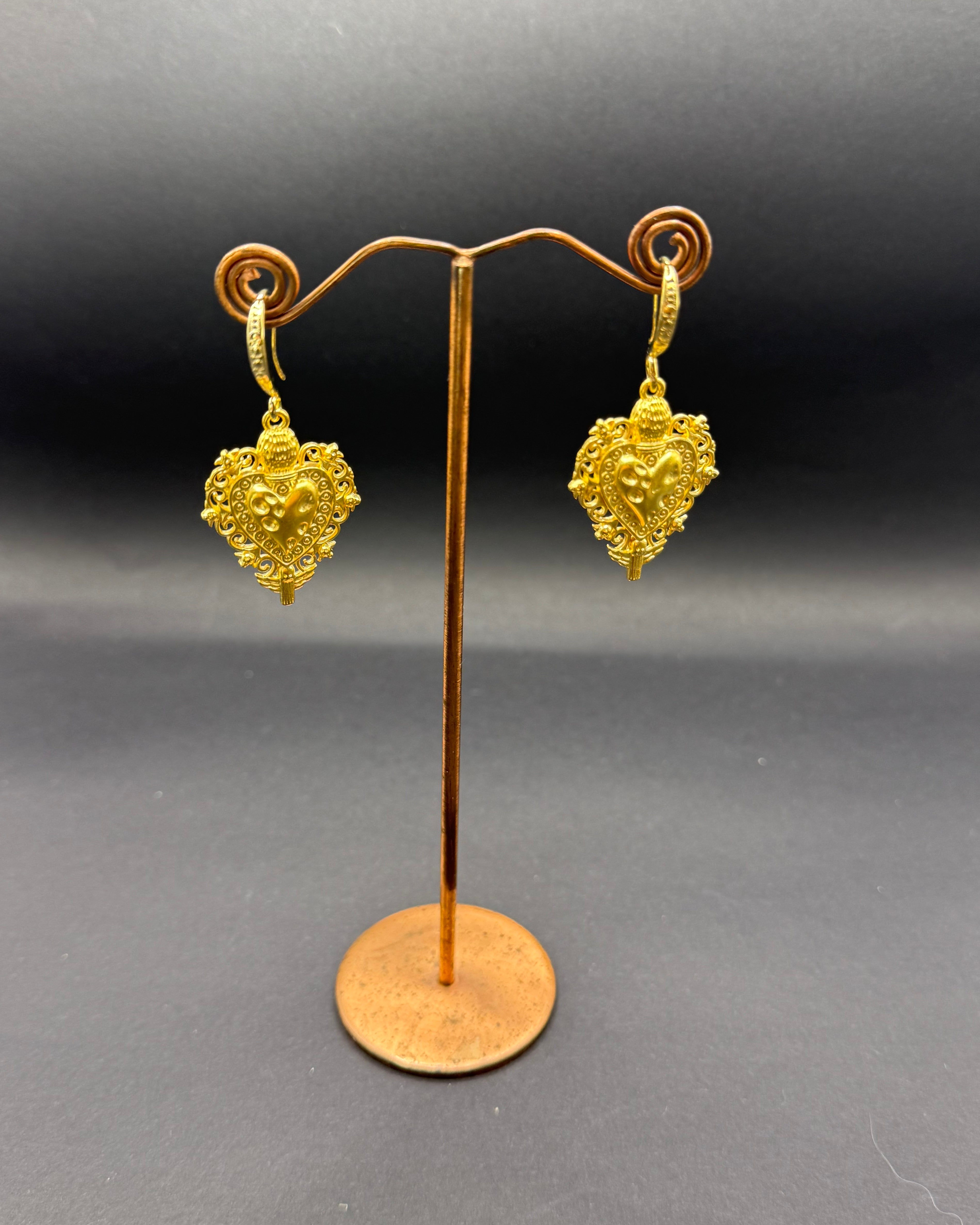 Gold Flaming Heart Drop Earrings – Handmade in Bristol