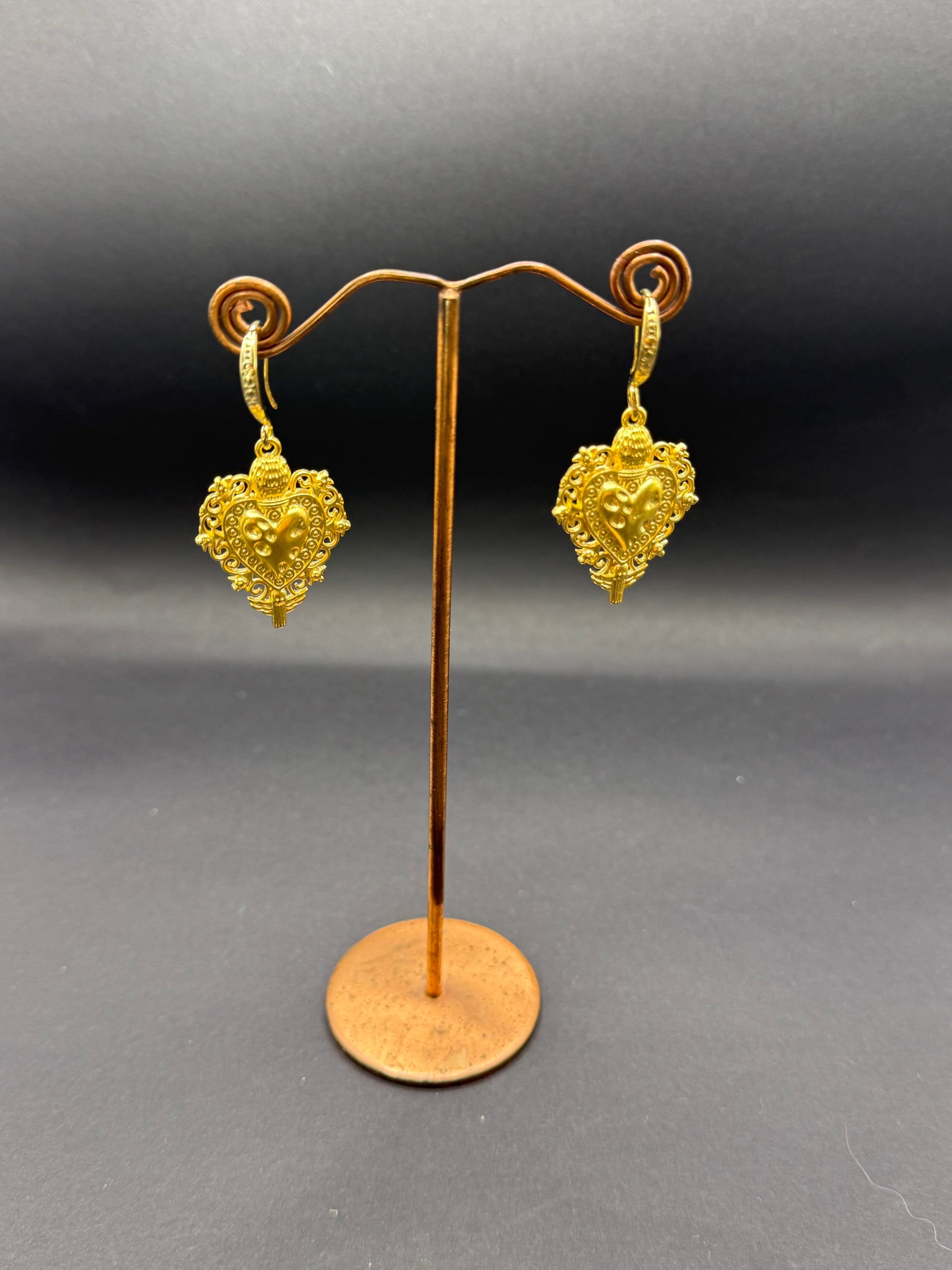 Gold Flaming Heart Drop Earrings – Handmade in Bristol