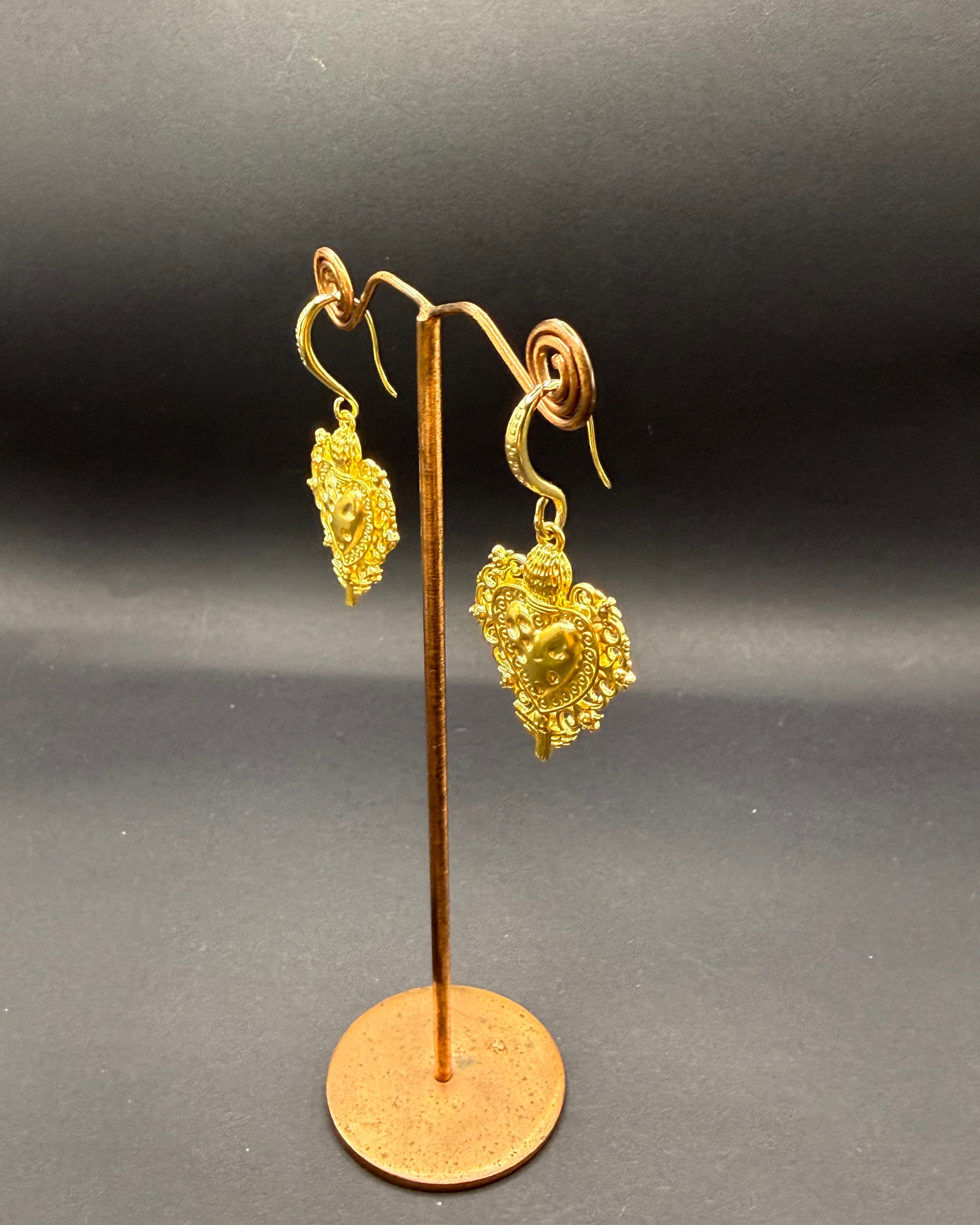 Gold Flaming Heart Drop Earrings – Handmade in Bristol