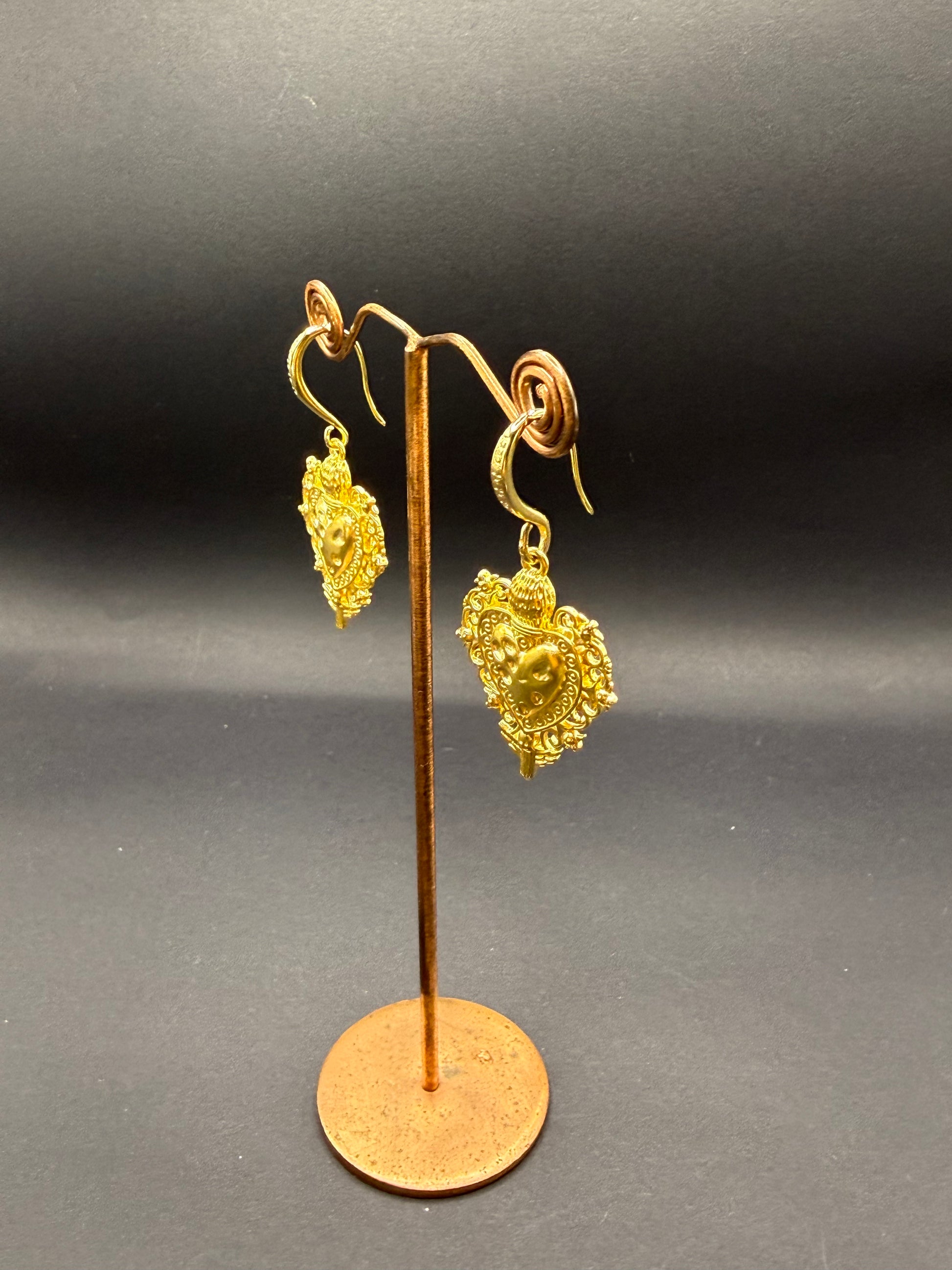 Gold Flaming Heart Drop Earrings – Handmade in Bristol