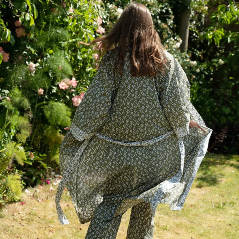 Green Falling Leaf Womens Cotton Kimono Robe One Size