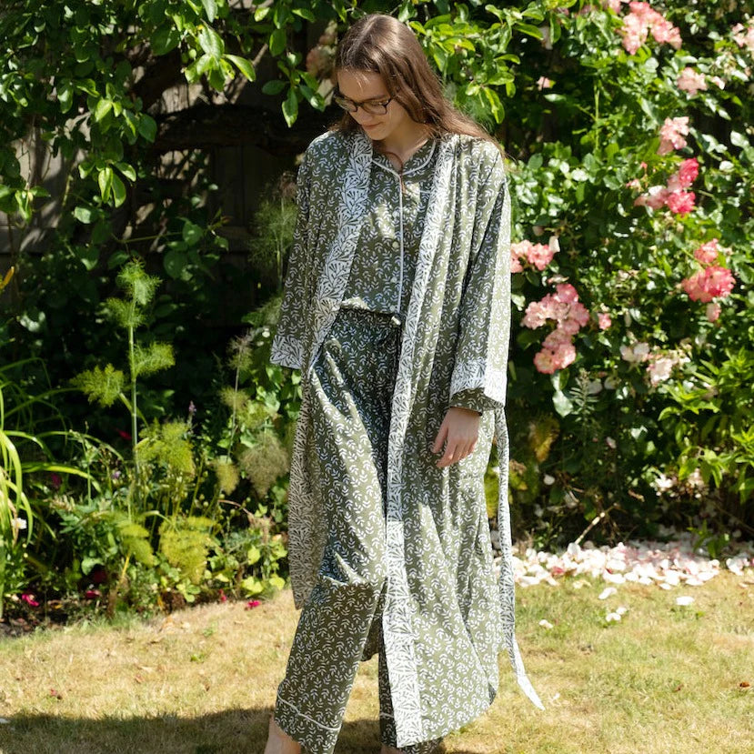 Green Falling Leaf Womens Cotton Kimono Robe One Size