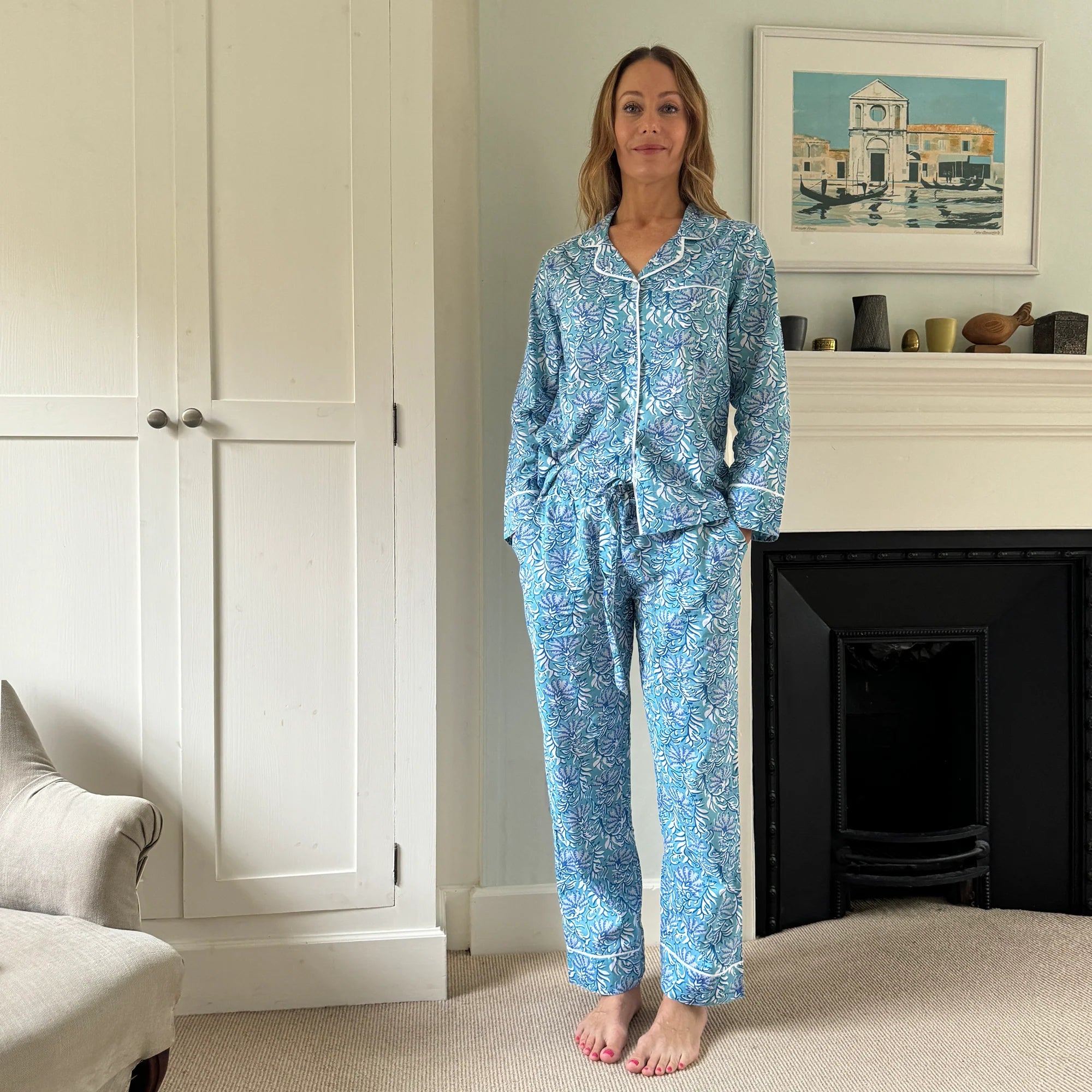 Turquoise Blue Jaipur Womens Cotton Pyjama Set Medium