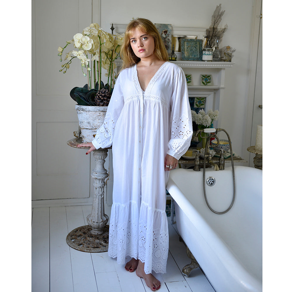 Clarissa, Embroidered, Long Sleeve , V Neck, Button Down Cotton Nightdress