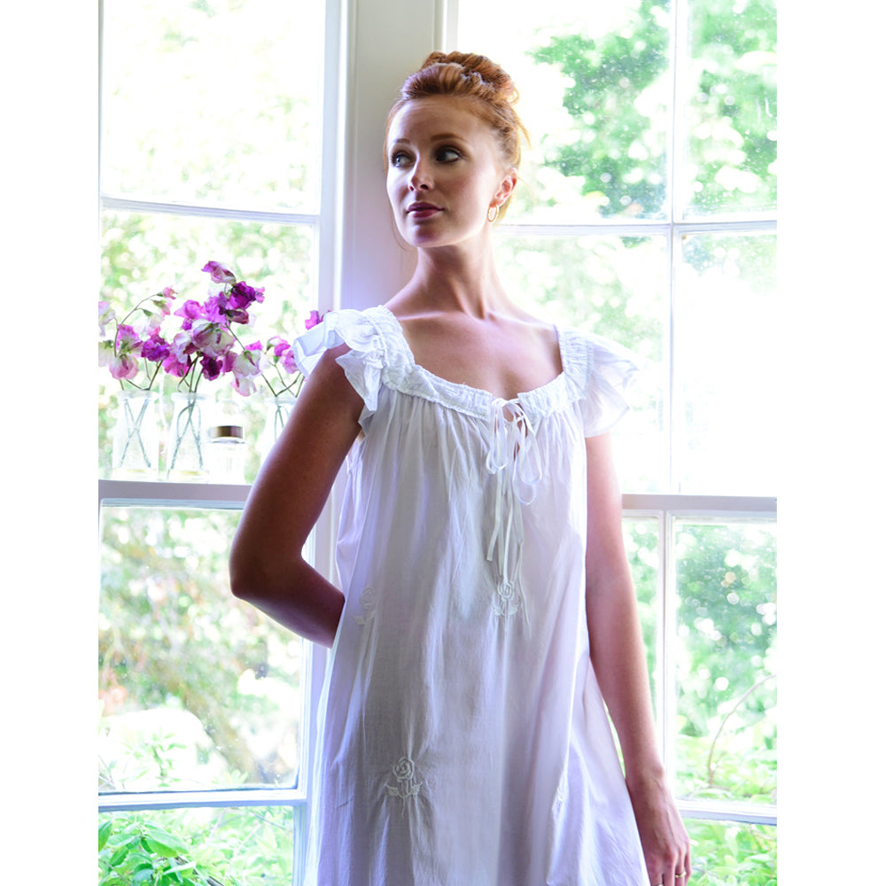 Margo, White Frilly Cap Sleeve Cotton Nightdress With Rose Embroidery
