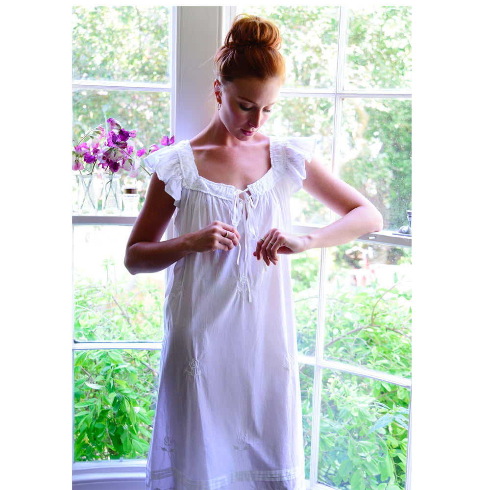Margo, White Frilly Cap Sleeve Cotton Nightdress With Rose Embroidery