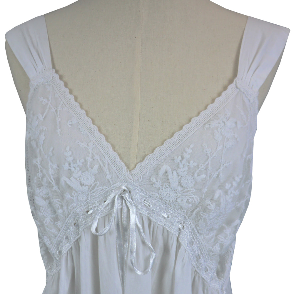 Rachael, White Strappy Cotton Nightdress With Embroidered Bust And Flounced Hem
