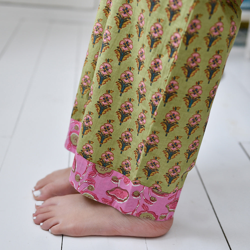 Lime Green & Pink Small Block Print Women’s Pyjamas - Medium Large