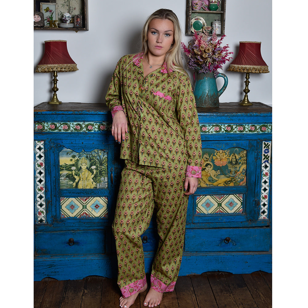 Lime Green & Pink Small Block Print Women’s Pyjamas - Medium Large