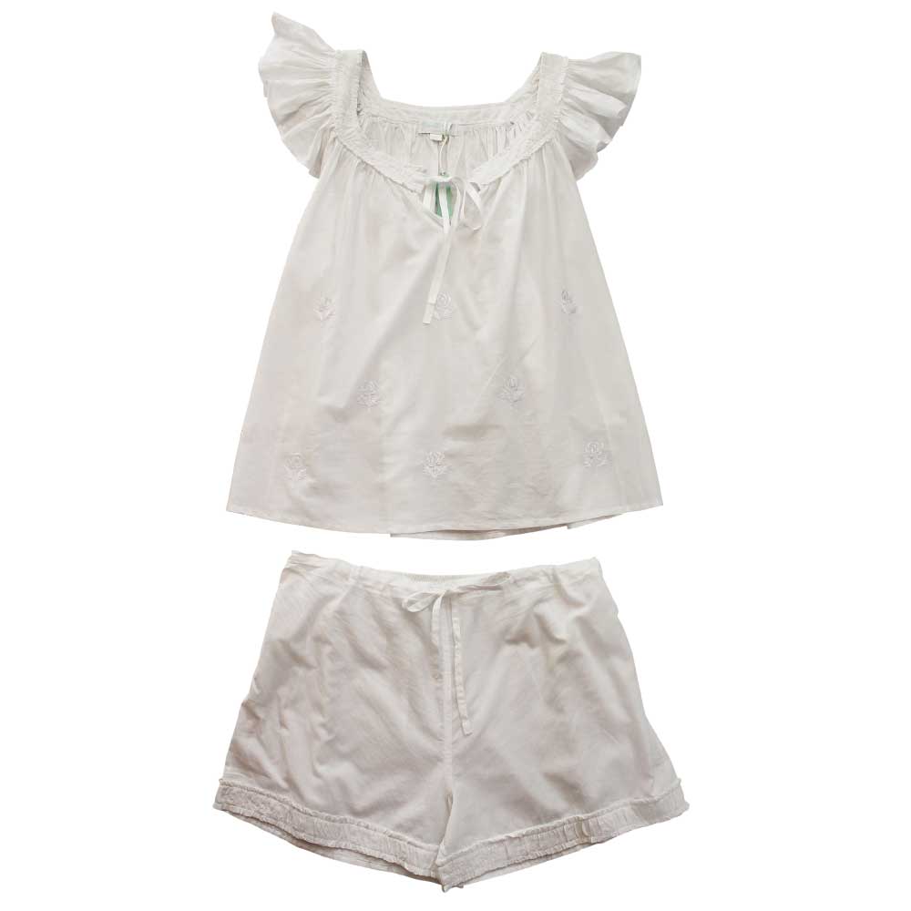 Frilly Cap Sleeved White Shortie Pyjama Set - Medium / large