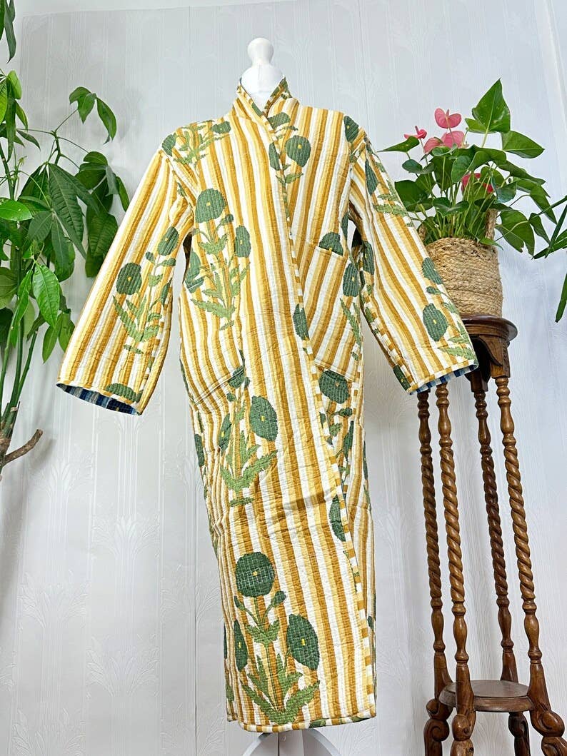 Quilted Cotton Reversible blue & yellow  floral Kimono Robe UK 10 16