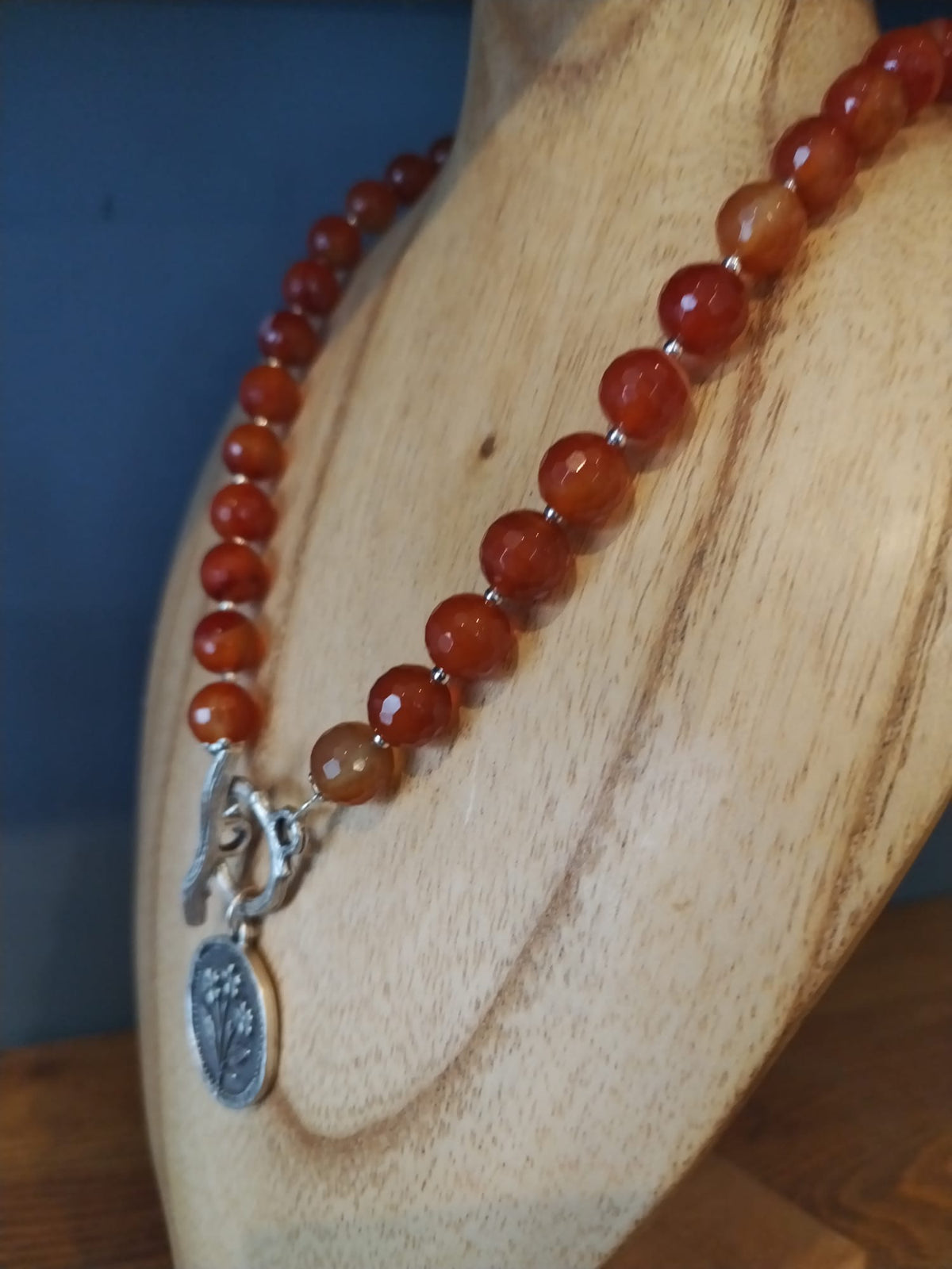 Carnelian Necklace with Silver Flower Medallion