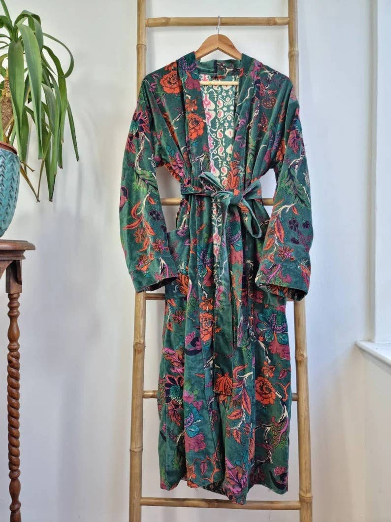 Luxury Velvet Robe - Rich Chic Emerald Green Rust Orange
