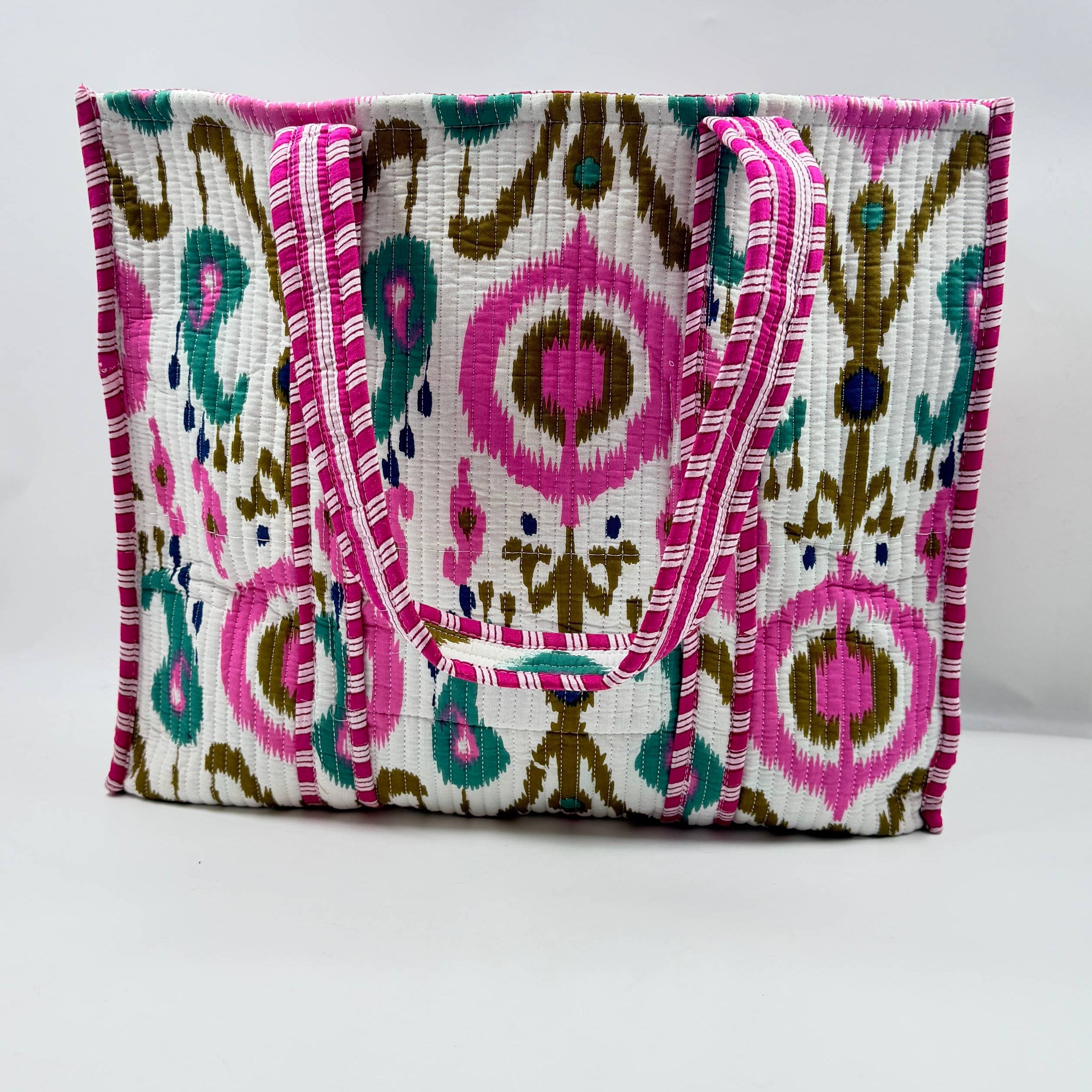 Pink Green and Blue Ikat on White Quilted Cotton Tote Bag