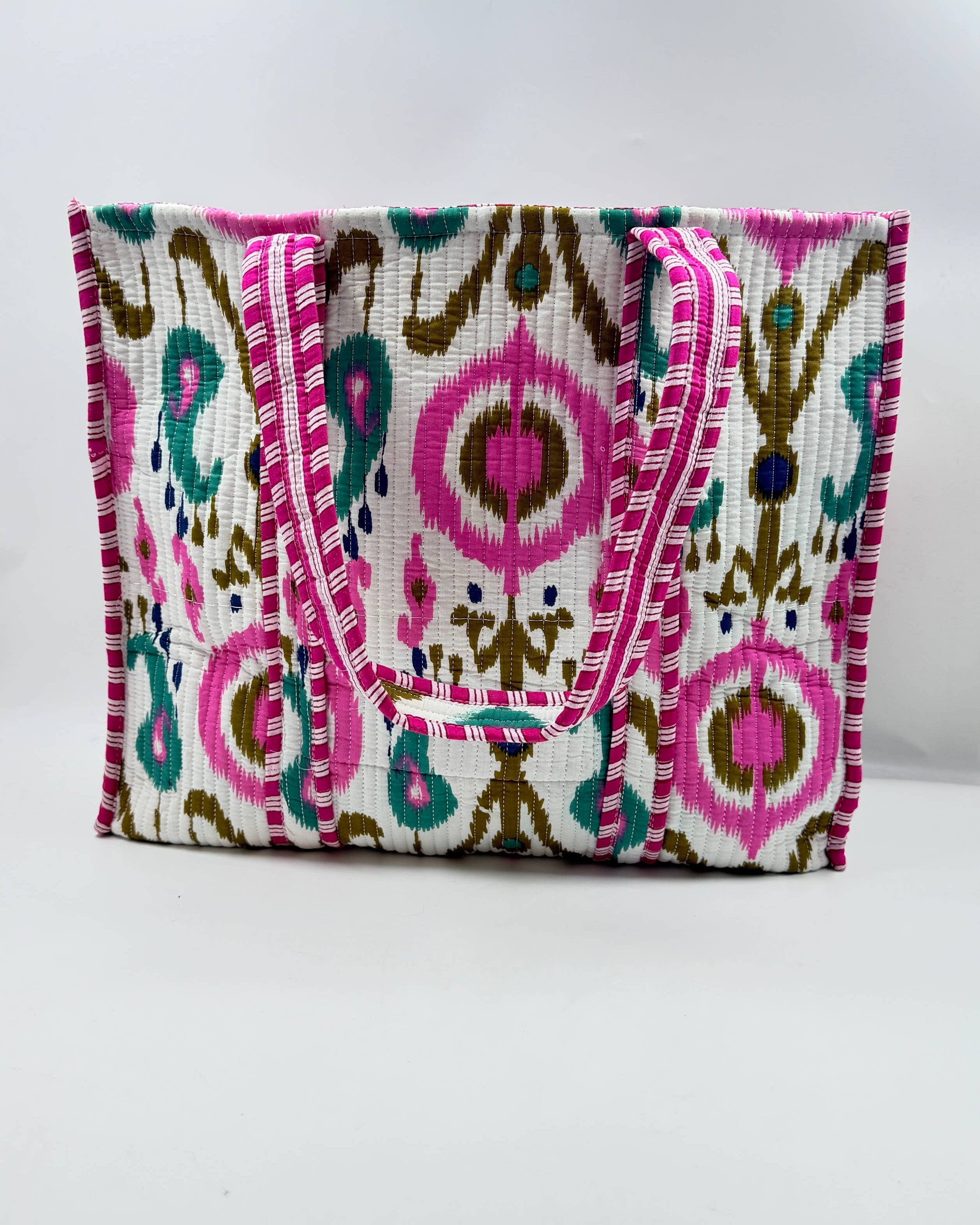 Pink Green and Blue Ikat on White Quilted Cotton Tote Bag