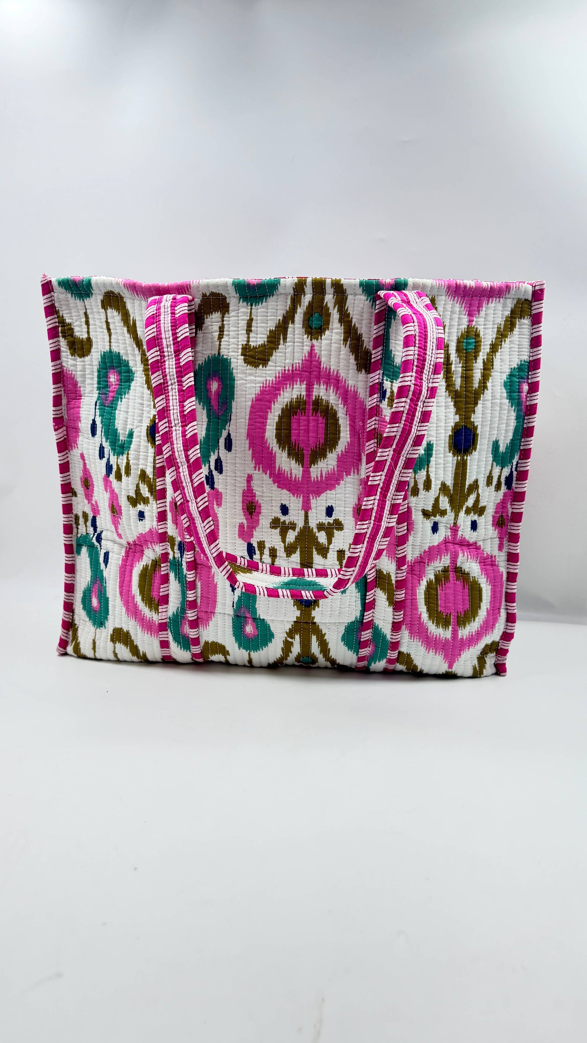 Pink Green and Blue Ikat on White Quilted Cotton Tote Bag