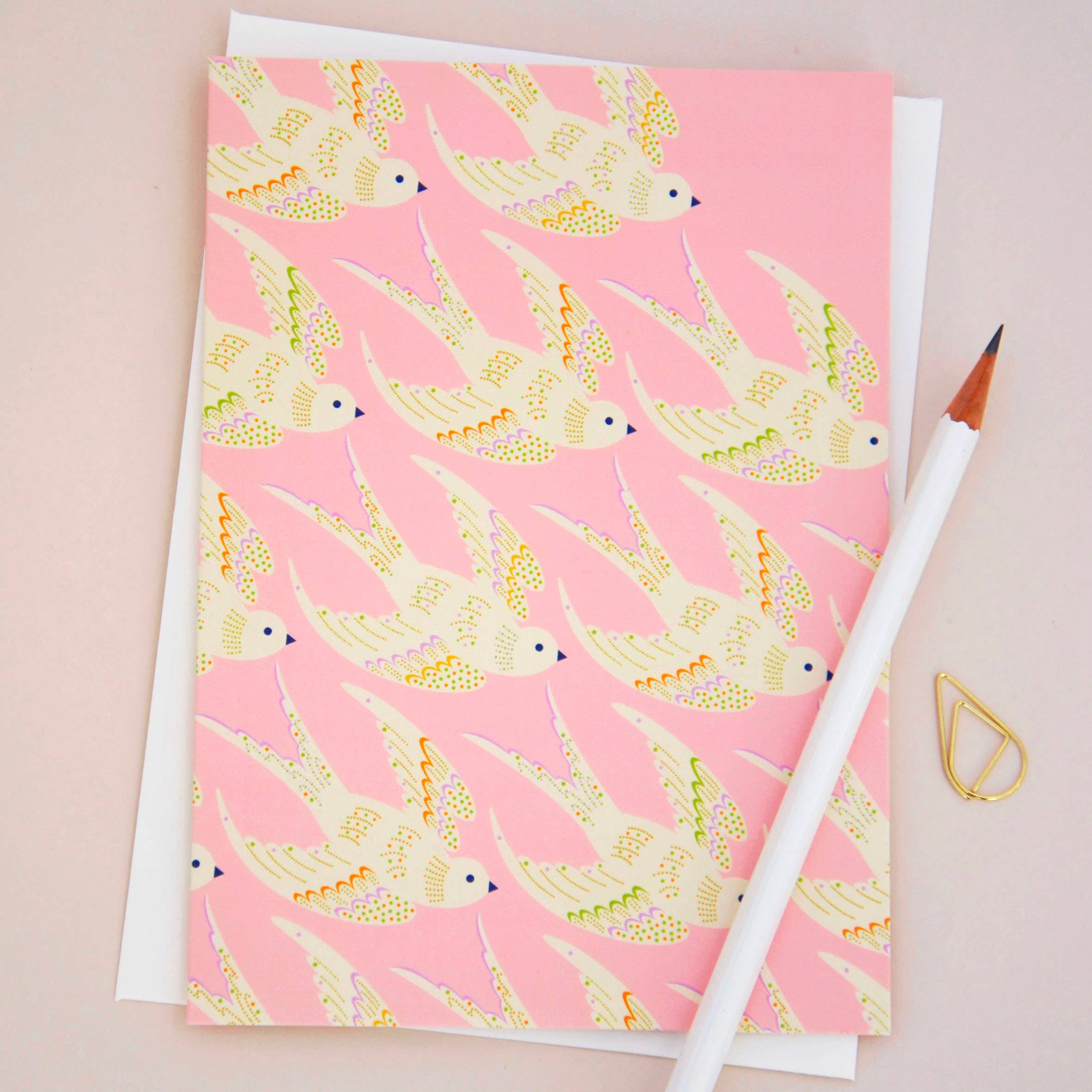 Illustrated Birds in Flight Greetings Card – Soft Pink
