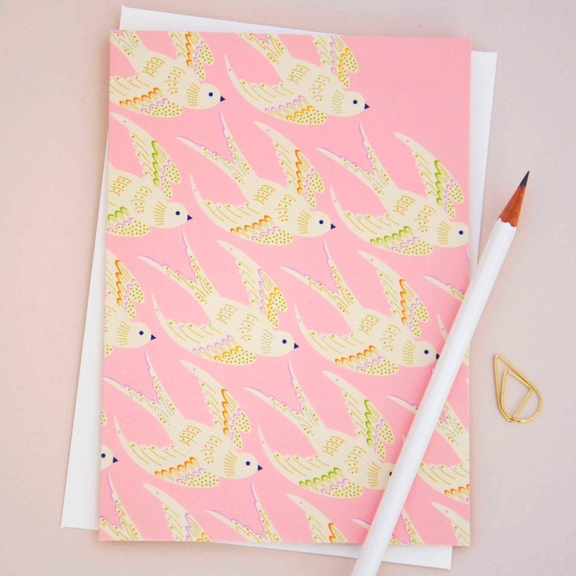 Illustrated Birds in Flight Greetings Card – Soft Pink