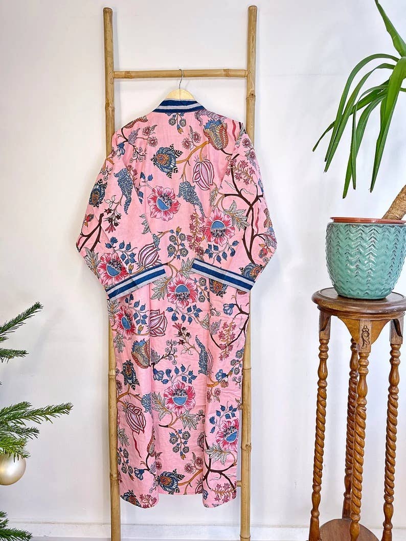 Cotton Kimono Robe Pink &  Blue Paradise Stripe UK 10 18