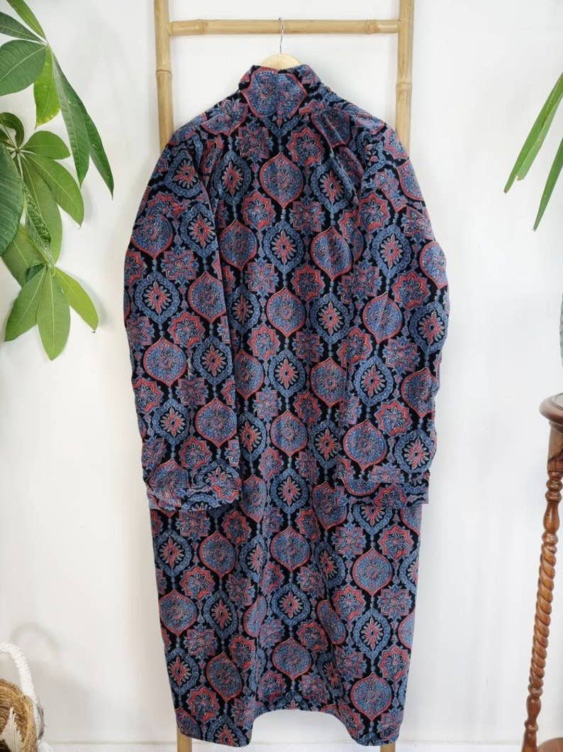 Luxury Velvet Robe - Black Blue Red Ajrakh Love Gift