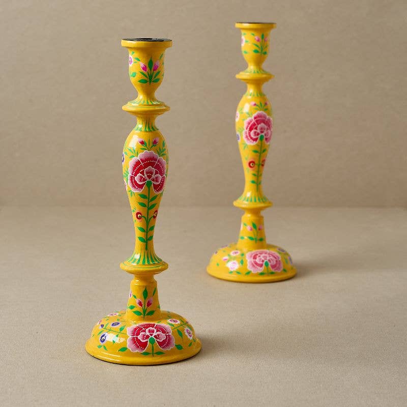 Sunshine Yellow Floral Wooden Candlestick Holder S Kashmiri Design 12 Inch