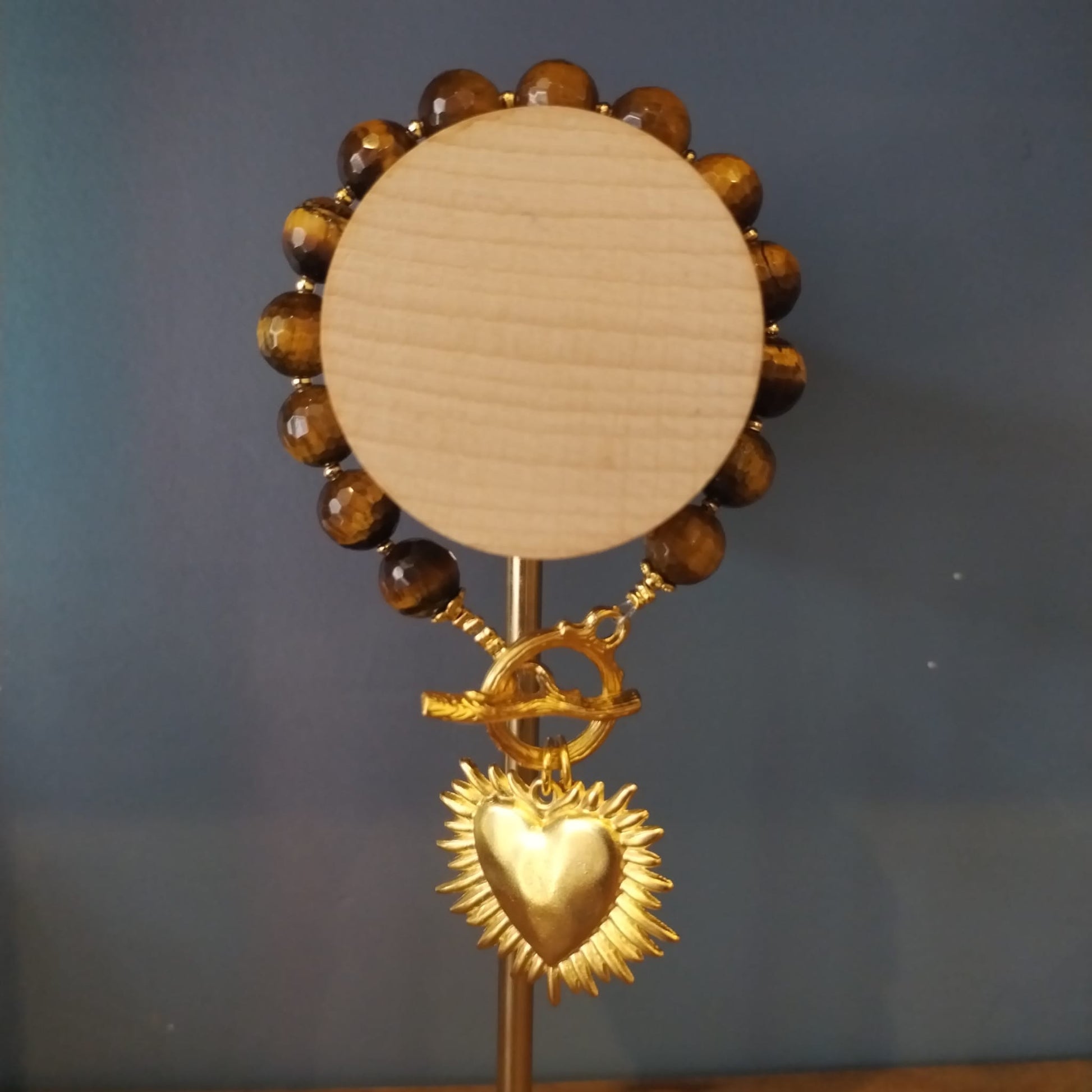 Tiger’s Eye Bracelet with flaming heart Handmade  – 19cm