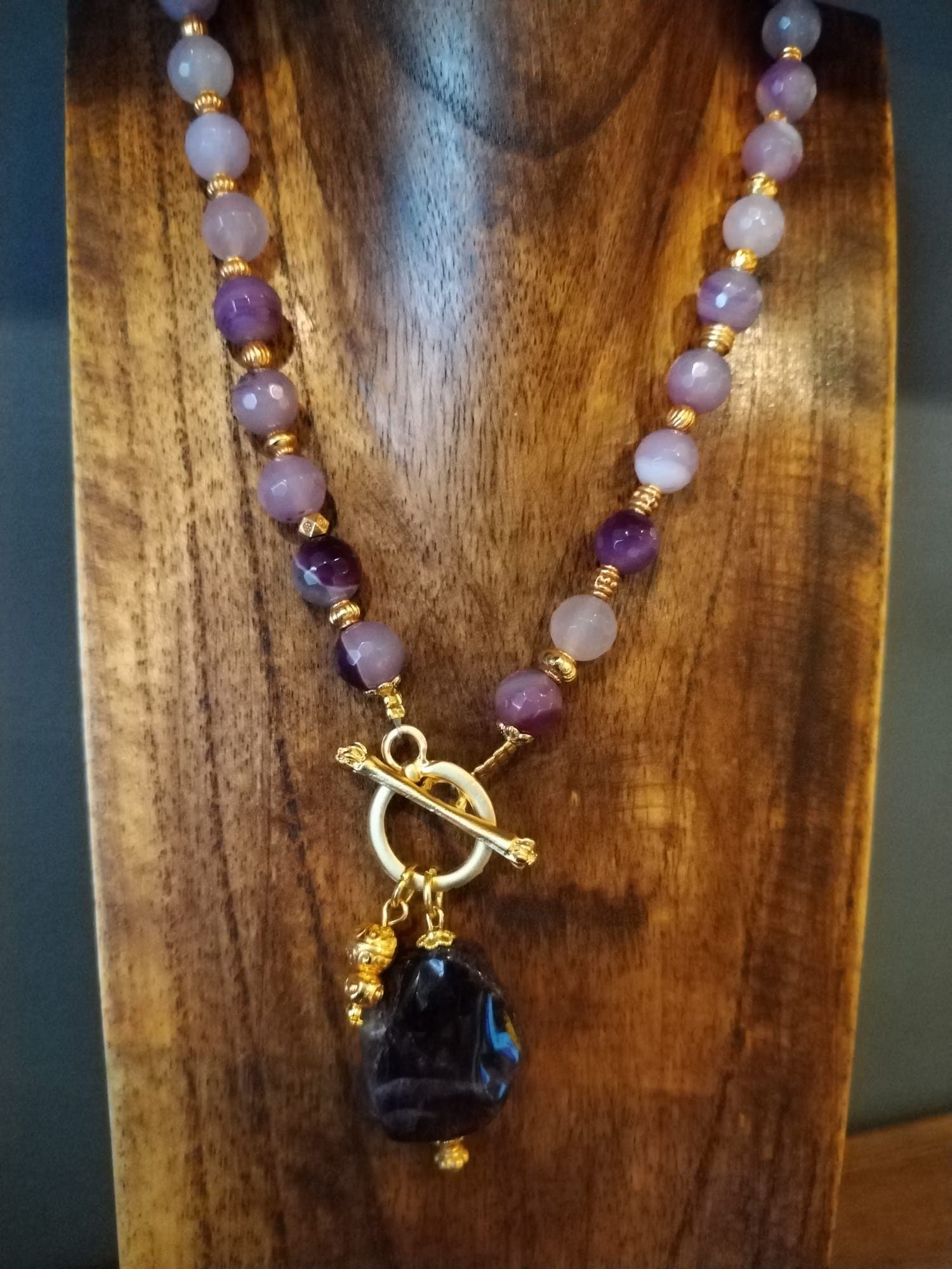 Agate with Amethyst  stone charm and Gold Necklace