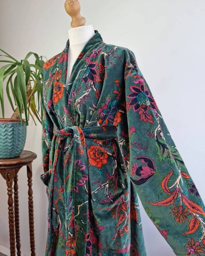 Luxury Velvet Robe - Rich Chic Emerald Green Rust Orange