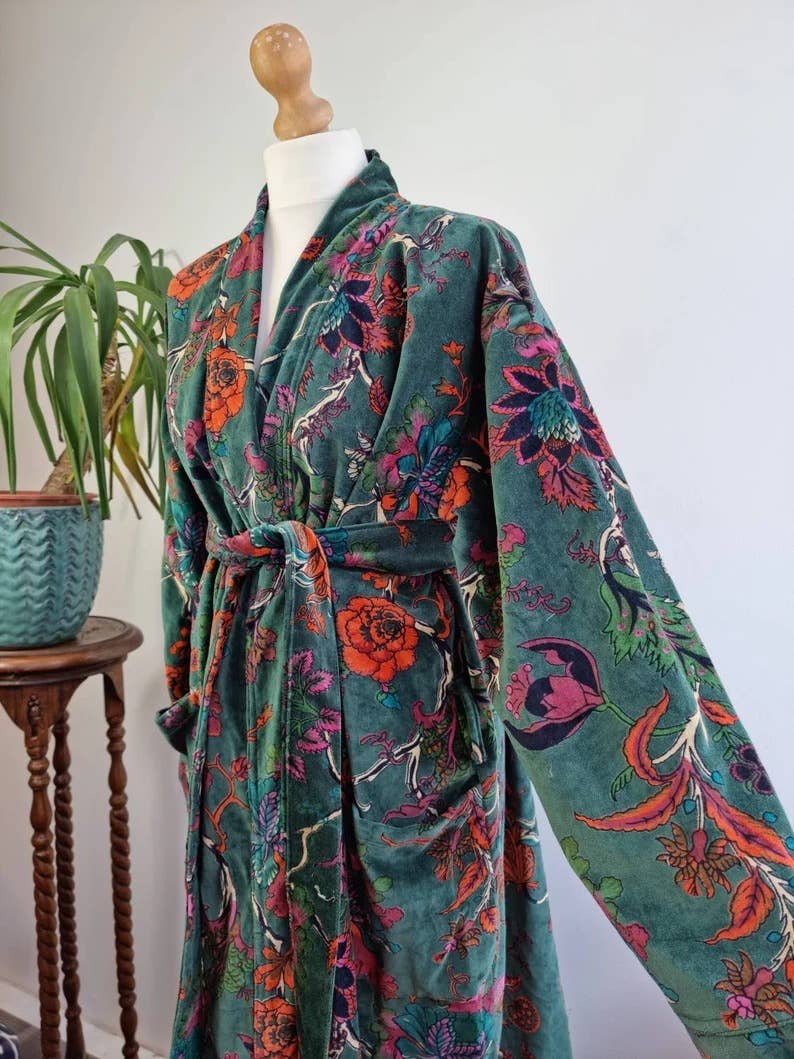 Luxury Velvet Robe - Rich Chic Emerald Green Rust Orange