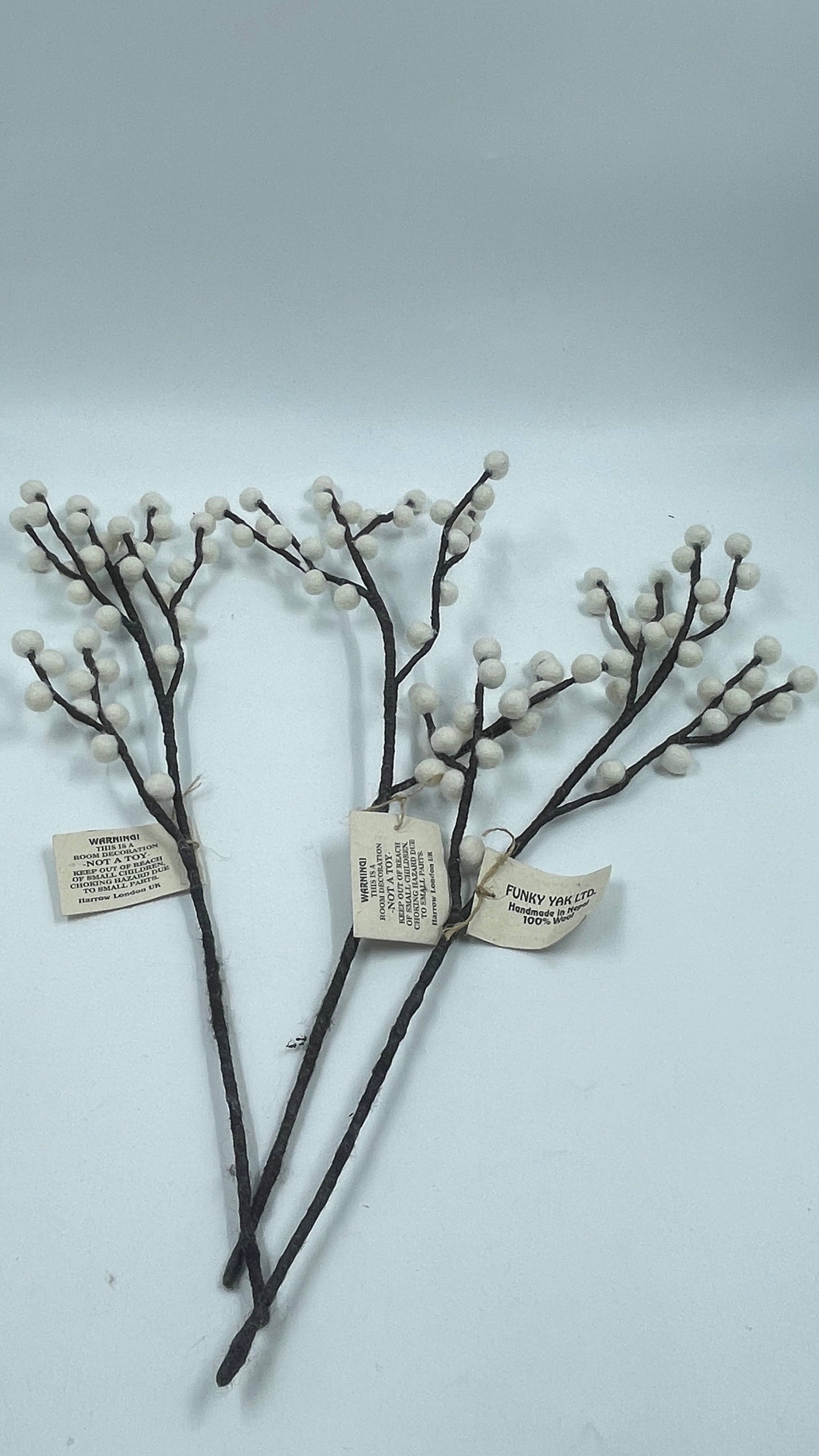 Decorative branches with small white berries on a light gray background
