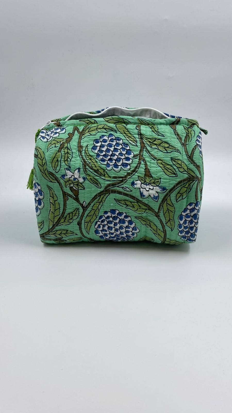 Blue Flowers & Green Vine Quilted Set Of Three  Wash Bags