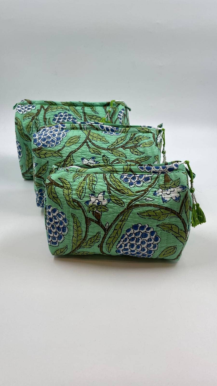 Blue Flowers & Green Vine Quilted Set Of Three  Wash Bags