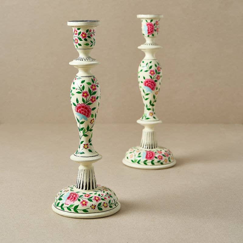 Pink and Ivory Floral Wooden Candlestick Holder Kashmiri Design 12 Inch