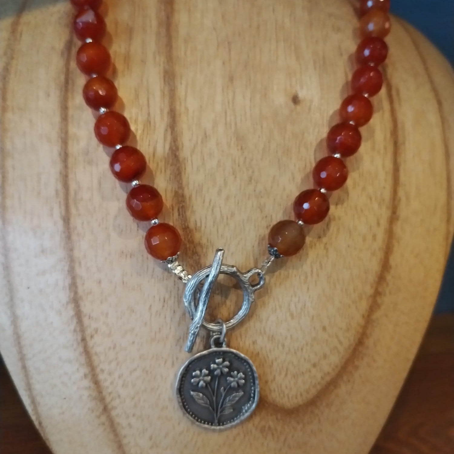 Carnelian Necklace with Silver Flower Medallion