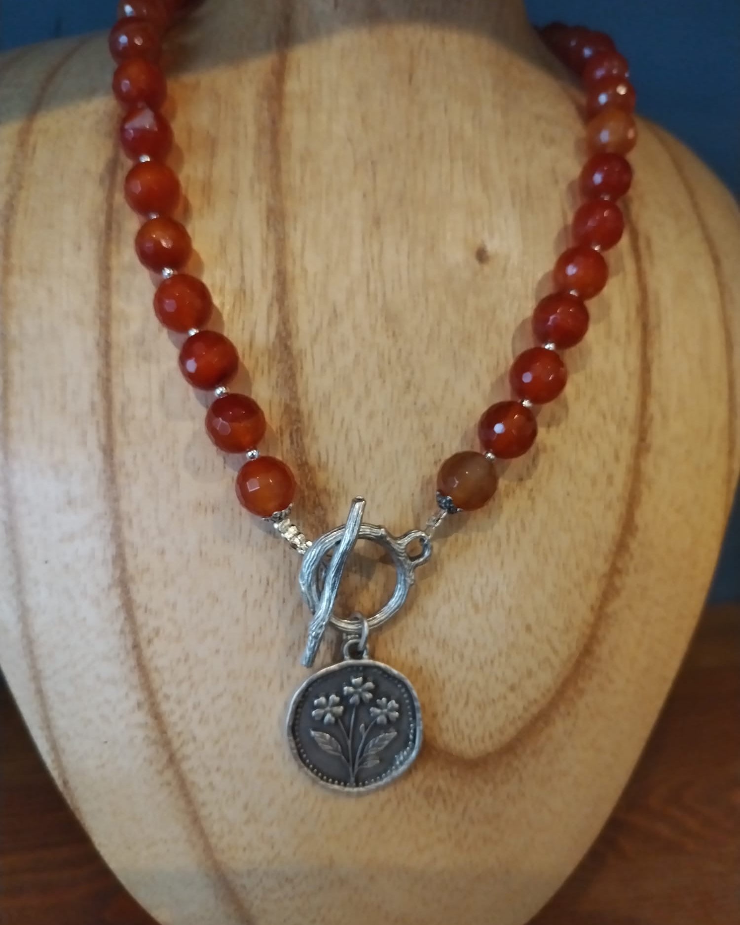 Carnelian Necklace with Silver Flower Medallion
