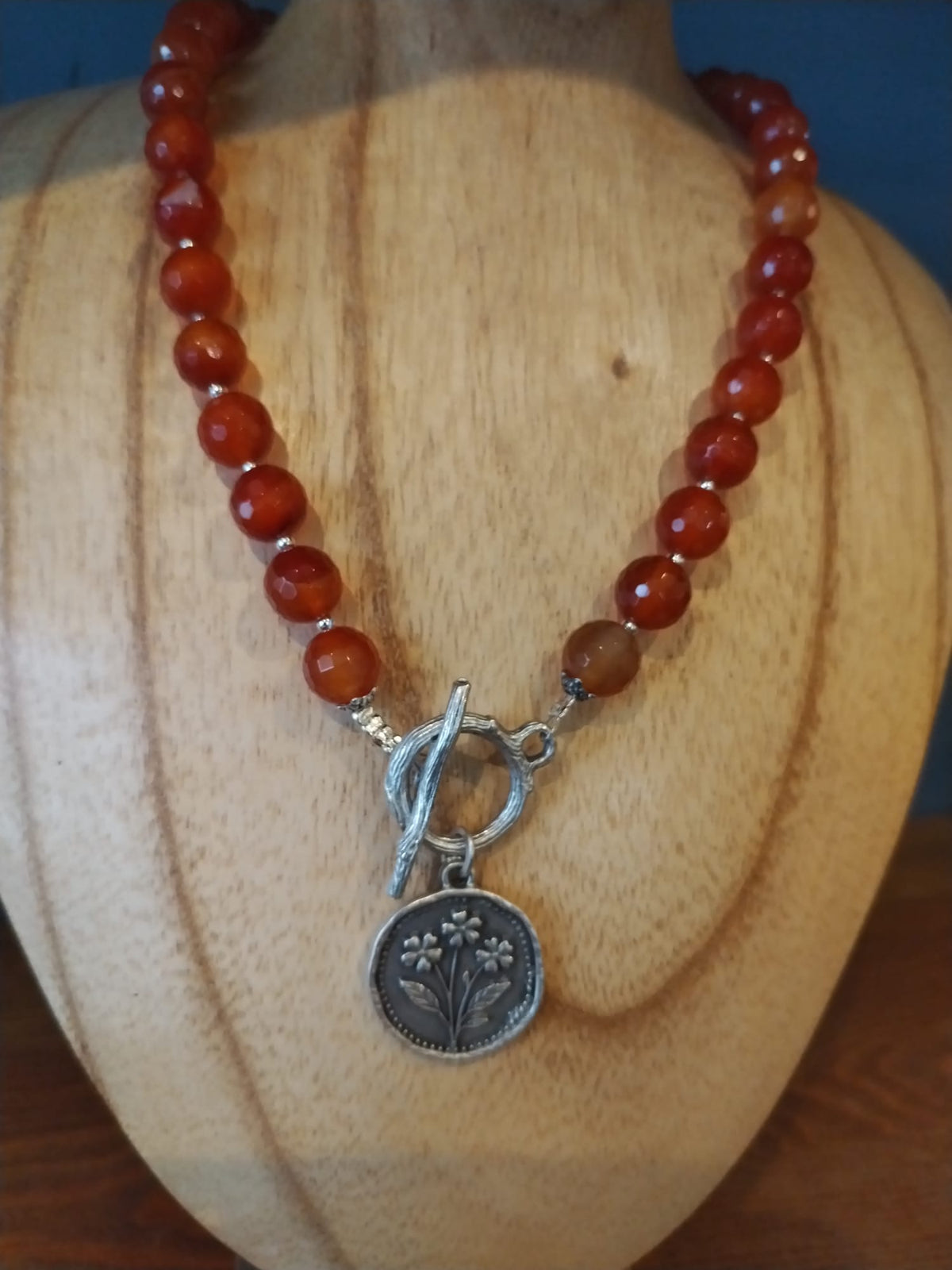 Carnelian Necklace with Silver Flower Medallion