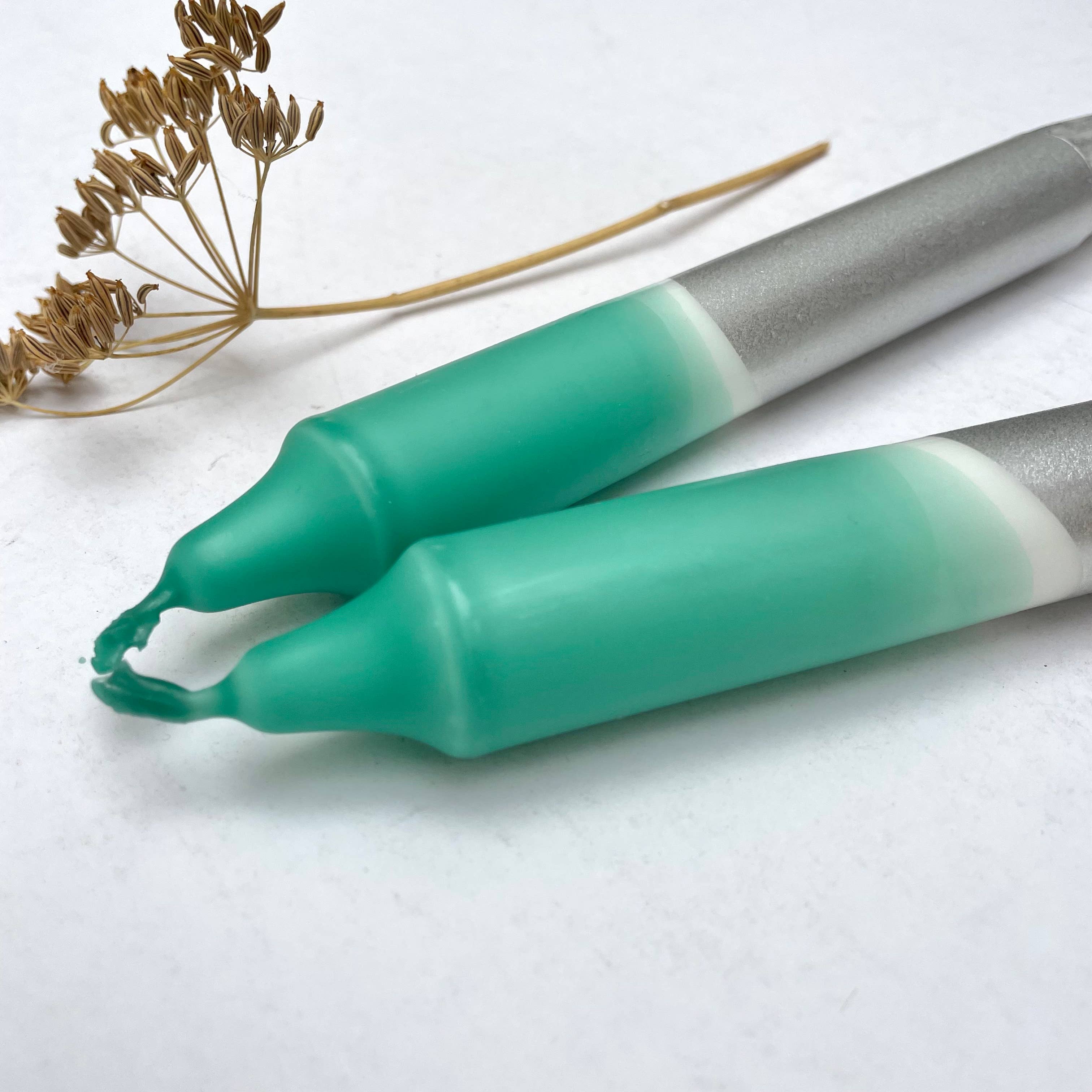 Lagoon Blue & Silver Dip Dyed Dinner Candles - Set of 2