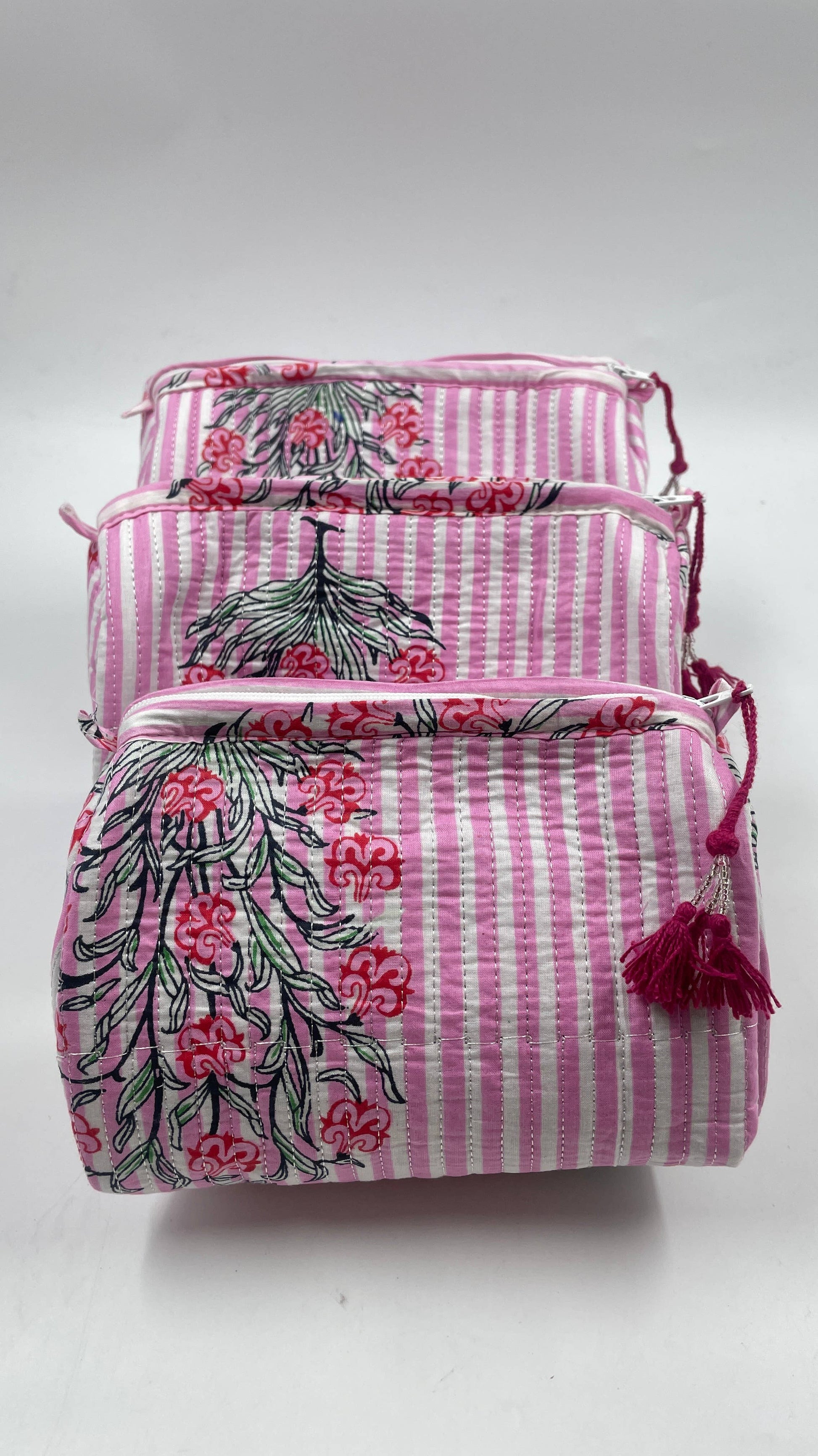 Pink Stripe cotton  set of 3 quilted wash bag