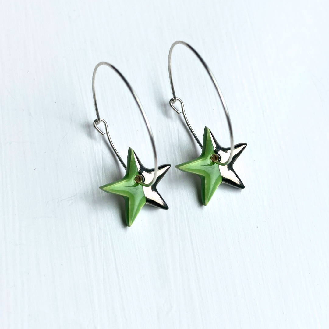 Hoop Earrings with Light Green Star Charms With Silver